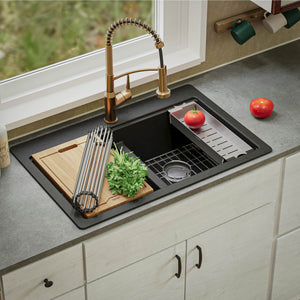 Alternate Image for Karran 33" Drop In/Topmount Quartz Composite Kitchen Sink, 50/50 Double Bowl, Black, QTWS-880-BL