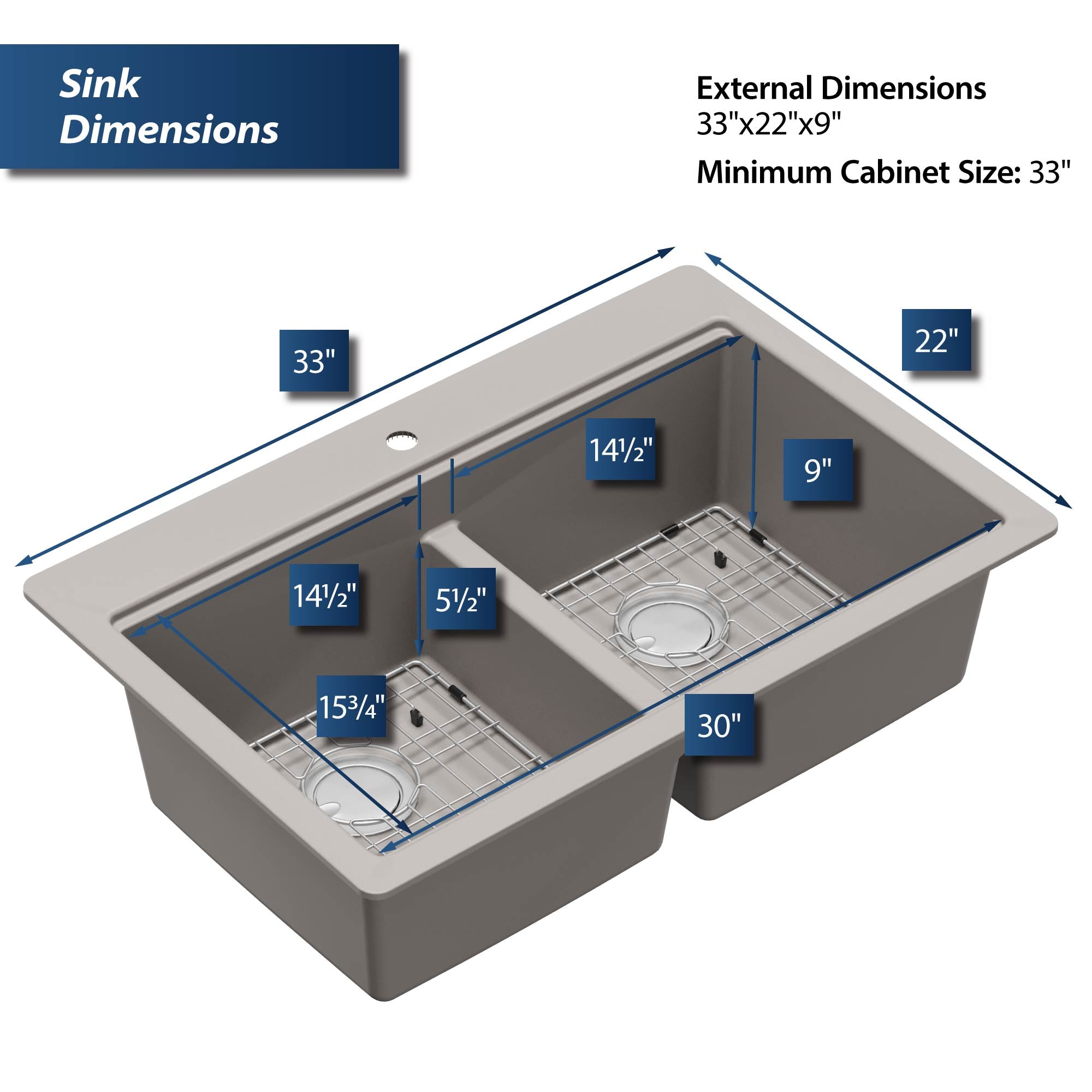 Karran 33" Drop In/Topmount Quartz Composite Kitchen Sink, 50/50 Double Bowl, Concrete, QTWS-880-CN