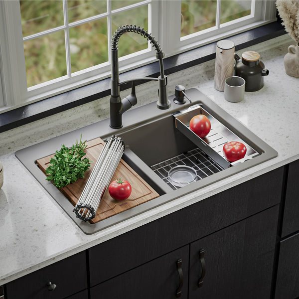 Karran 33" Drop In/Topmount Quartz Composite Kitchen Sink, 50/50 Double Bowl, Concrete, QTWS-880-CN