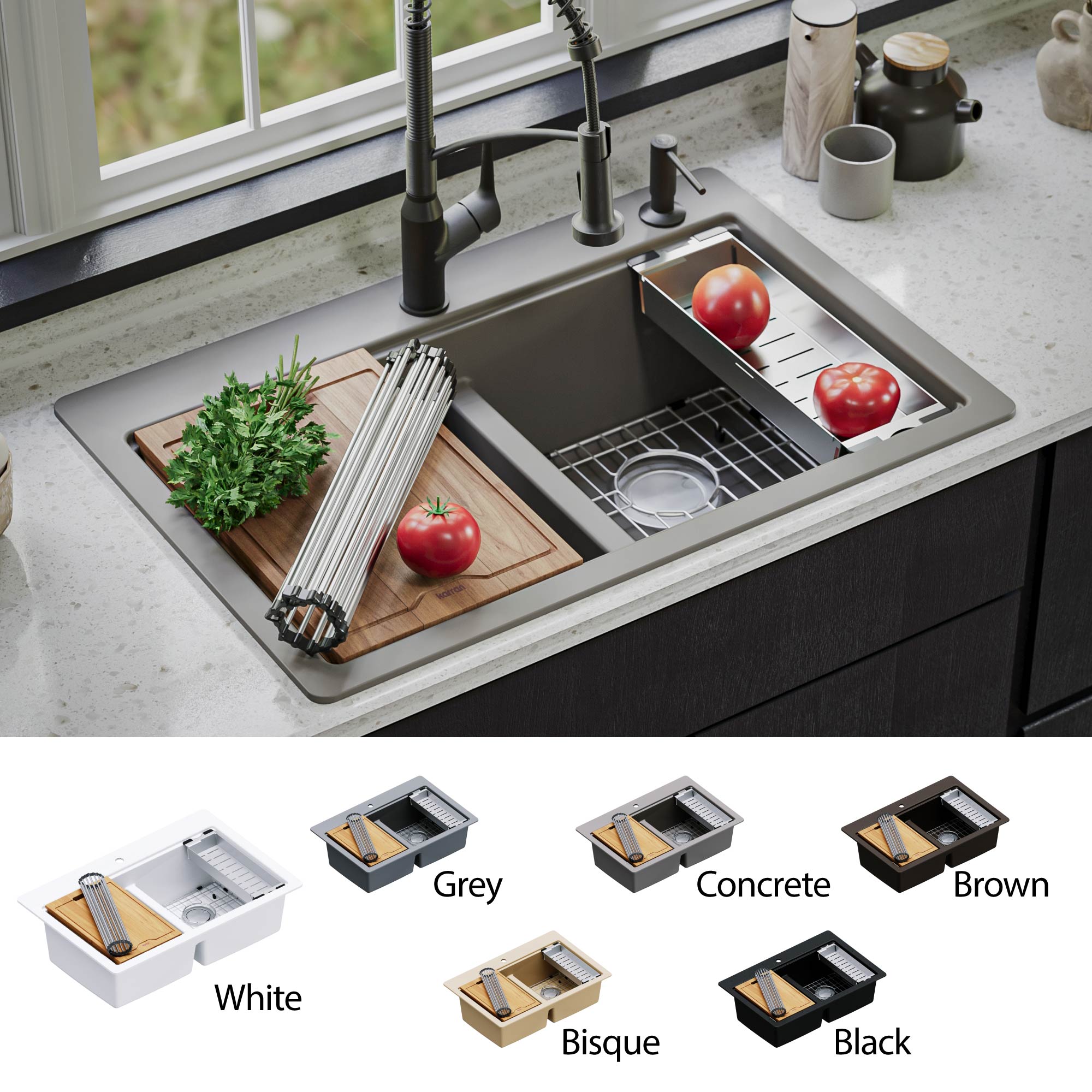Karran 33" Drop In/Topmount Quartz Composite Kitchen Sink, 50/50 Double Bowl, Concrete, QTWS-880-CN
