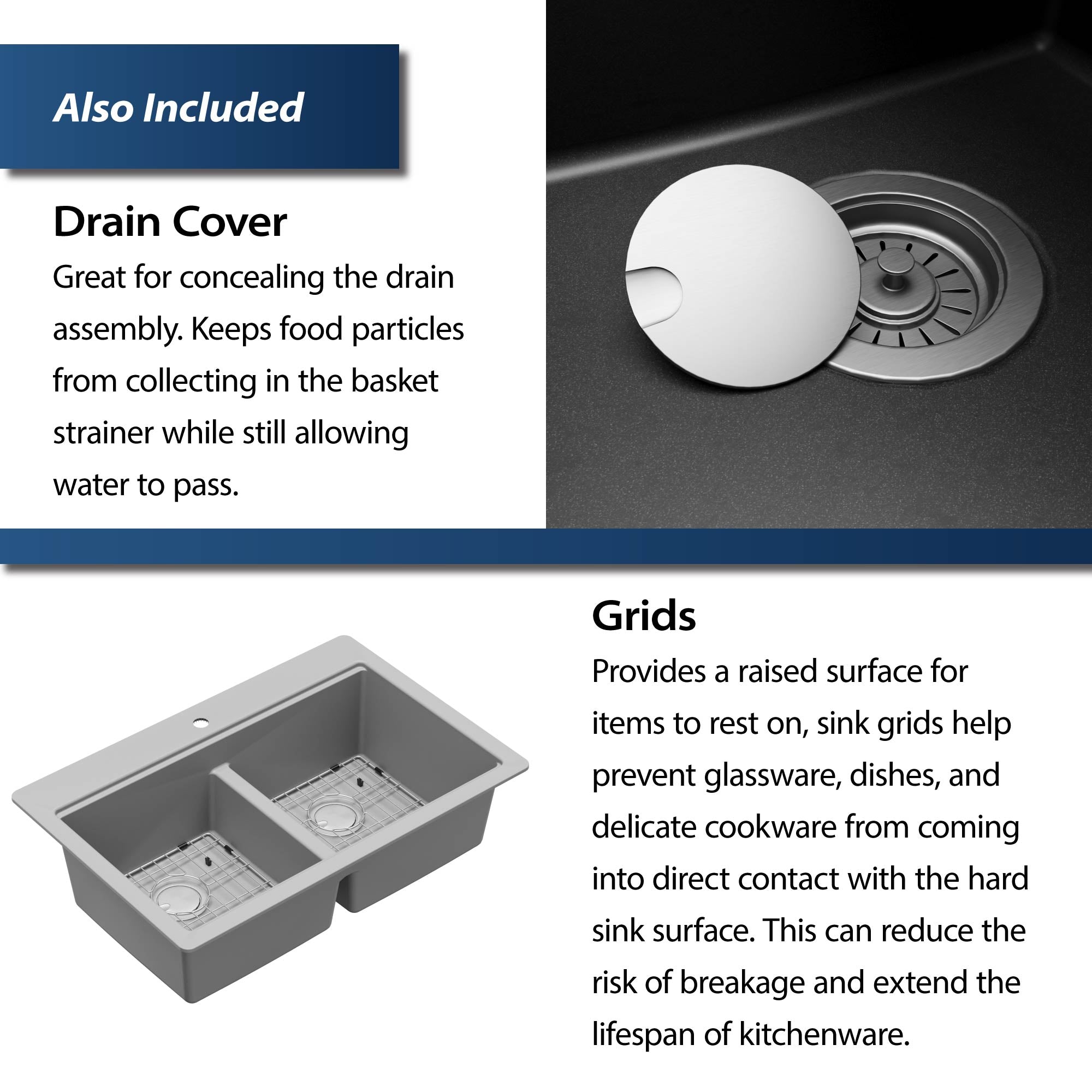 Karran 33" Drop In/Topmount Quartz Composite Kitchen Sink, 50/50 Double Bowl, Grey, QTWS-880-GR