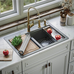 Alternate Image for Karran 33" Drop In/Topmount Quartz Composite Kitchen Sink, 50/50 Double Bowl, Grey, QTWS-880-GR