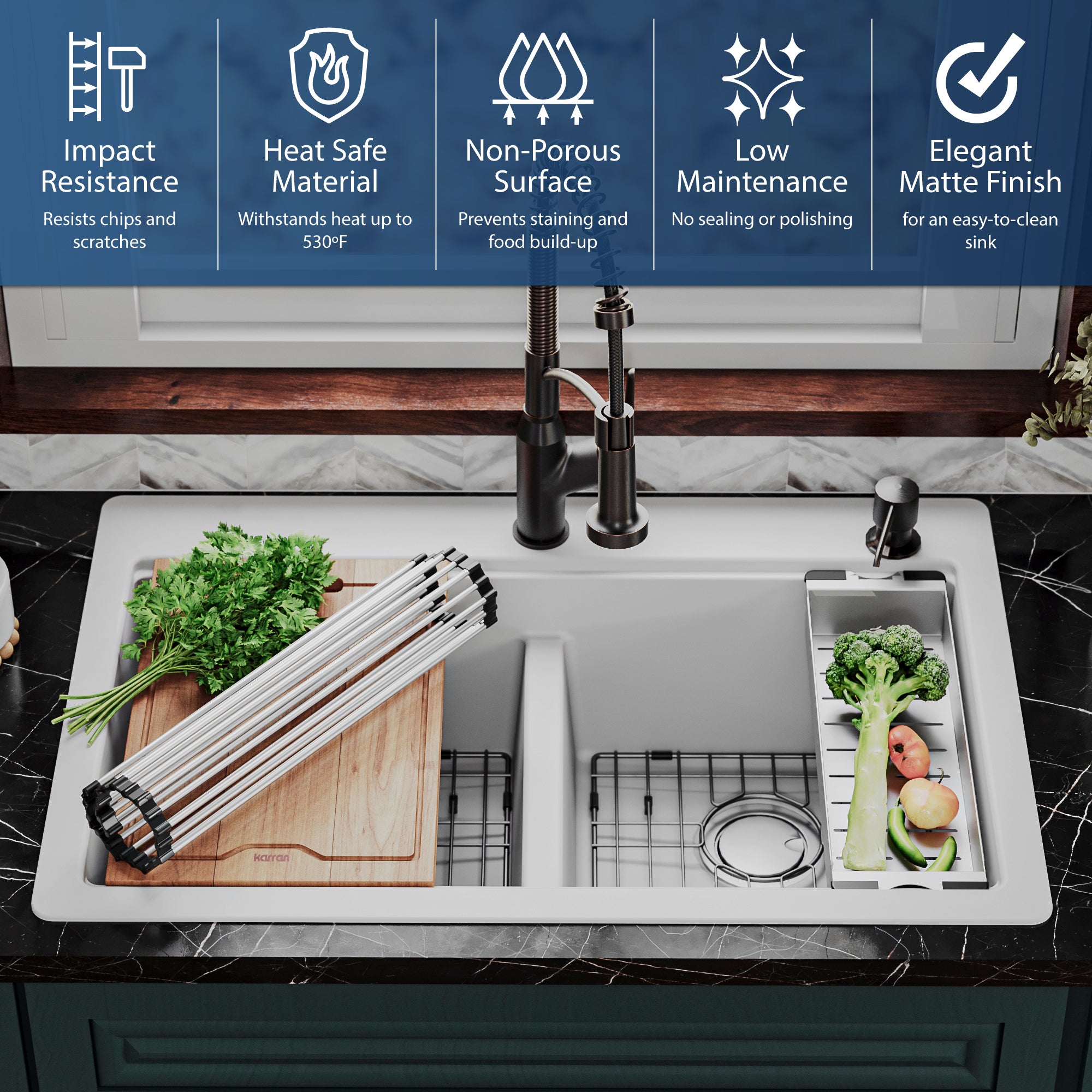 Karran 33" Drop In/Topmount Quartz Composite Kitchen Sink, 50/50 Double Bowl, White, QTWS-880-WH