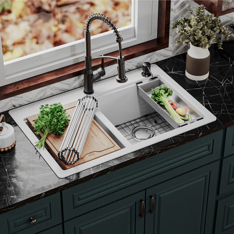 Karran 33" Drop In/Topmount Quartz Composite Kitchen Sink, 50/50 Double Bowl, White, QTWS-880-WH