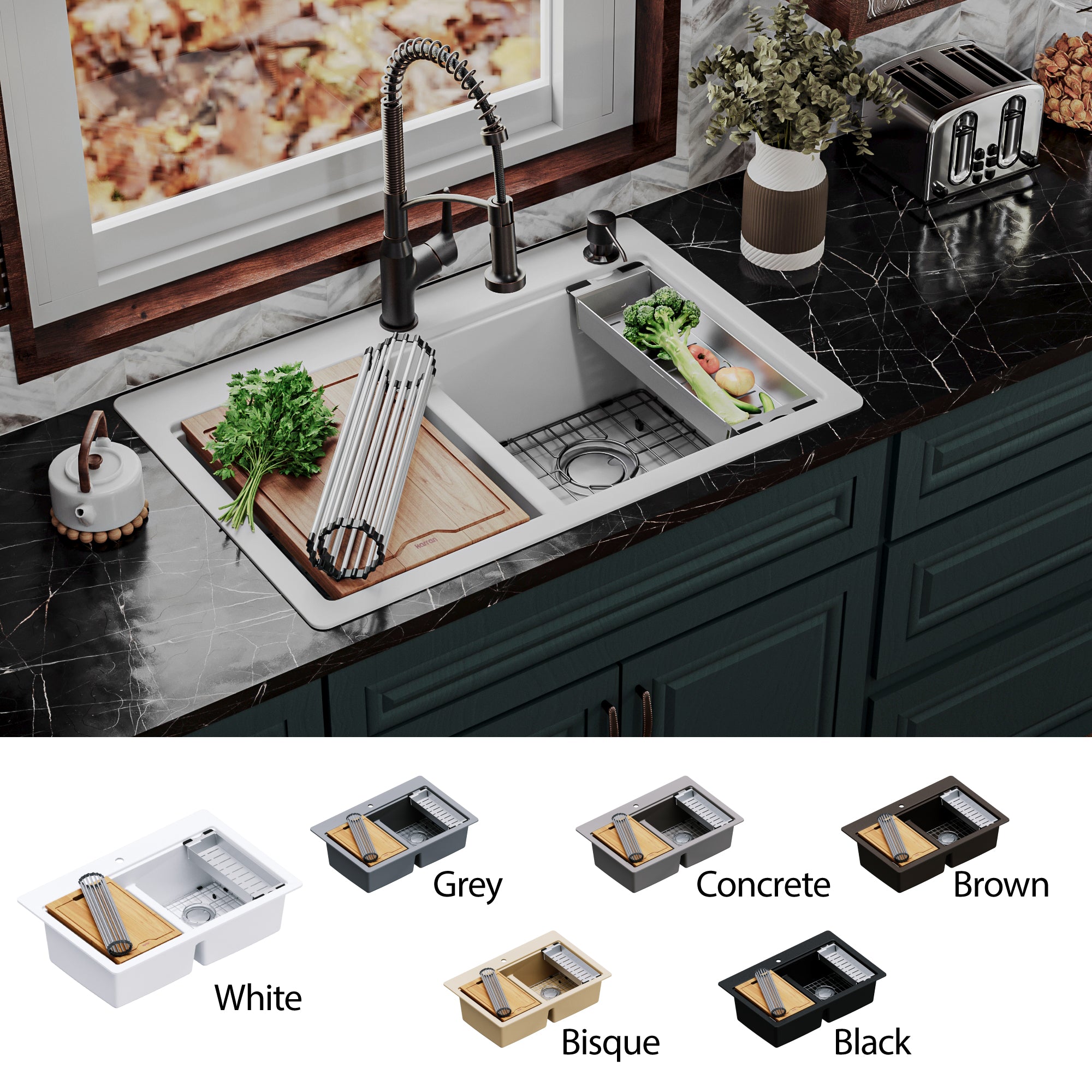 Karran 33" Drop In/Topmount Quartz Composite Kitchen Sink, 50/50 Double Bowl, White, QTWS-880-WH
