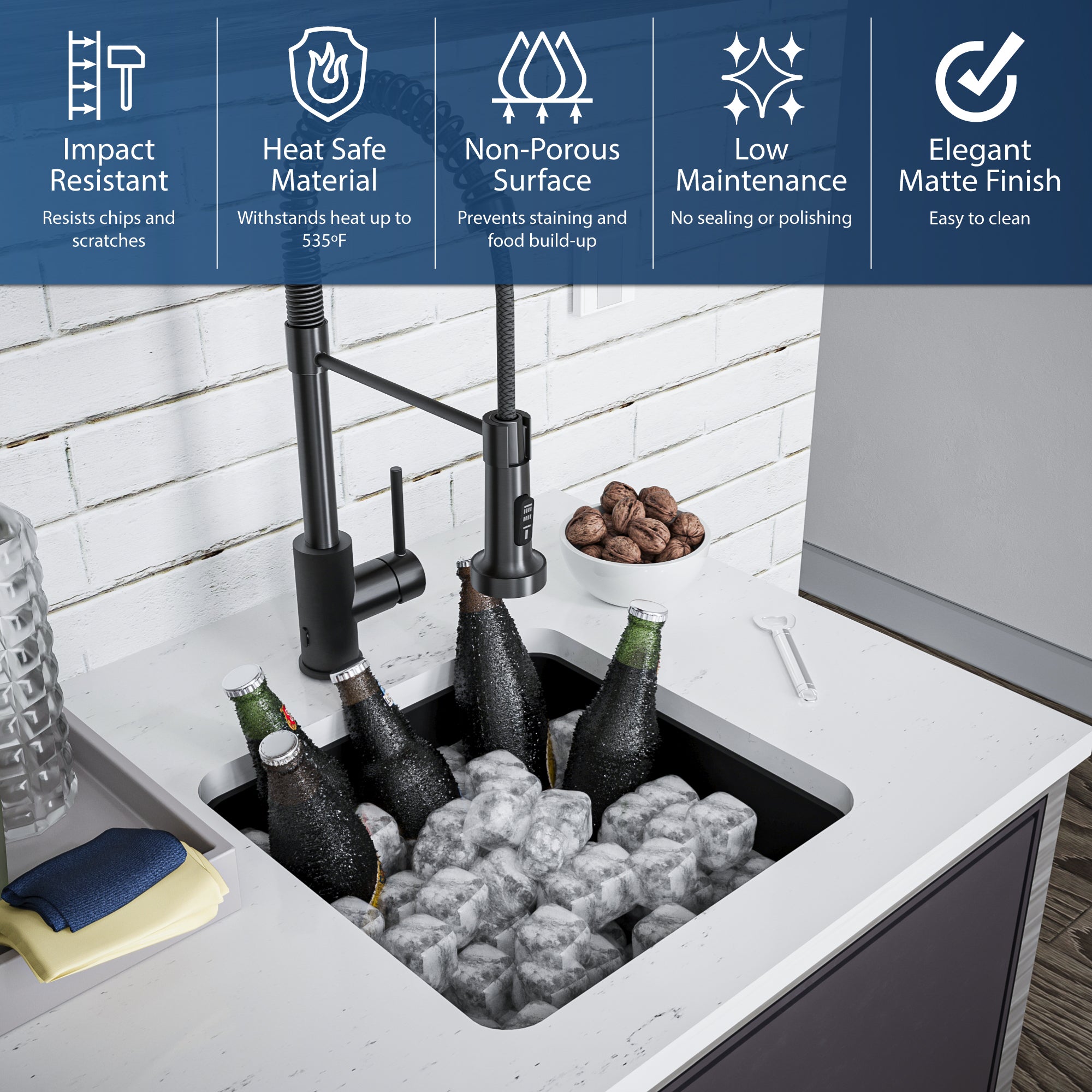 Karran 17" Undermount Quartz Composite Kitchen Sink, Black, QU-690-BL
