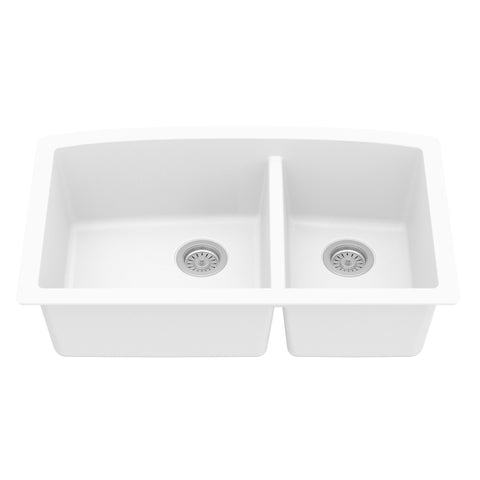 Karran 33" Undermount Quartz Composite Kitchen Sink, 60/40 Double Bowl, White, QU-711-WH