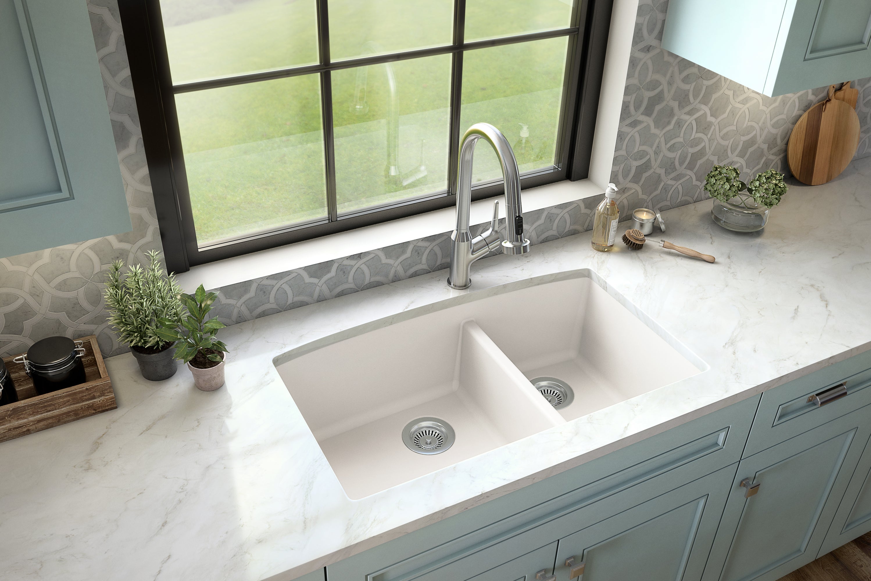 Karran 33" Undermount Quartz Composite Kitchen Sink, 60/40 Double Bowl, White, QU-711-WH