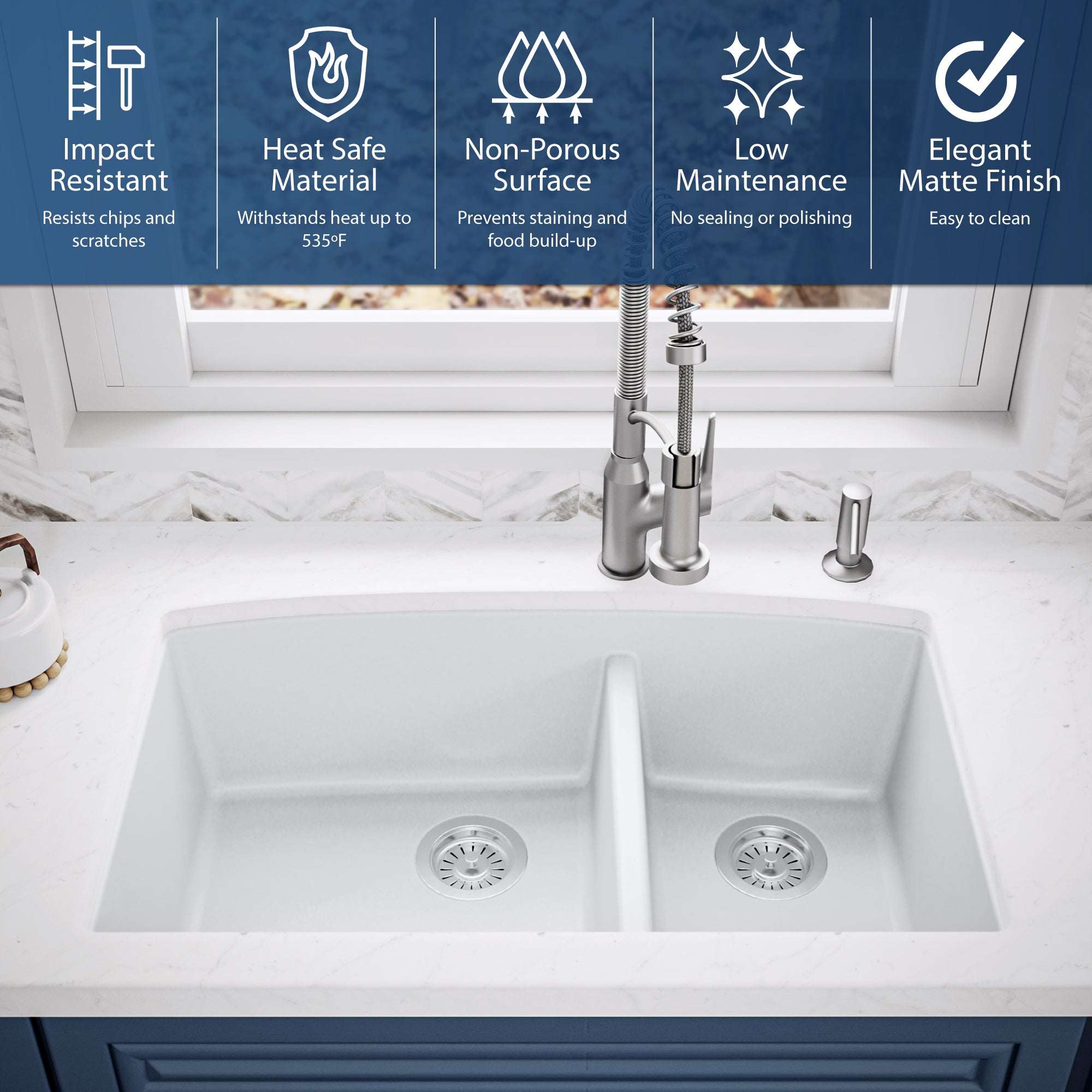 Karran 33" Undermount Quartz Composite Kitchen Sink, 60/40 Double Bowl, White, QU-711-WH