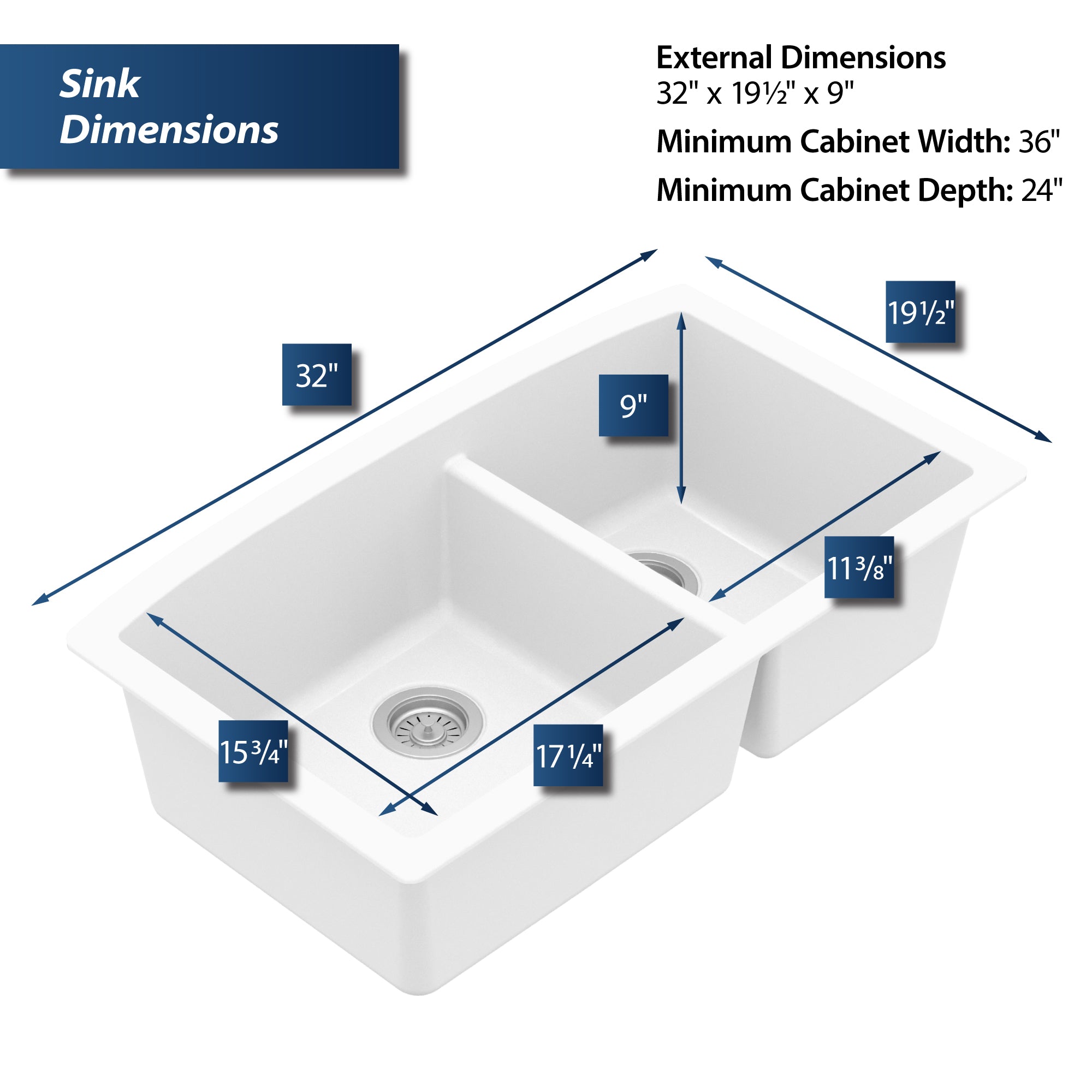 Karran 33" Undermount Quartz Composite Kitchen Sink, 60/40 Double Bowl, White, QU-711-WH