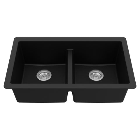 Karran 32" Undermount Quartz Composite Kitchen Sink, 50/50 Double Bowl, Black, QU-810-BL