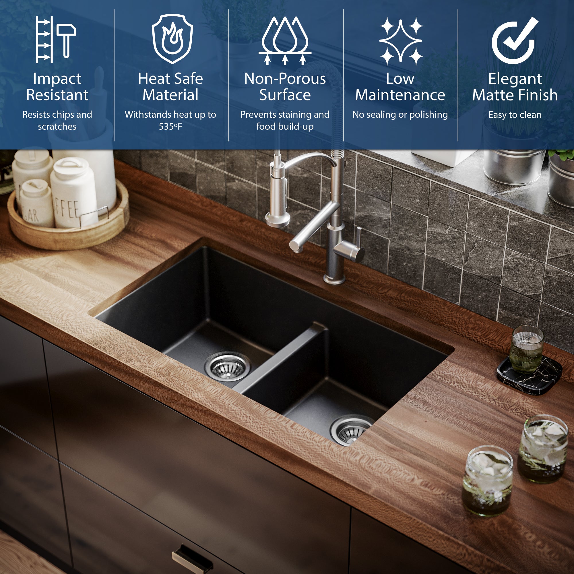 Karran 32" Undermount Quartz Composite Kitchen Sink, 50/50 Double Bowl, Black, QU-810-BL