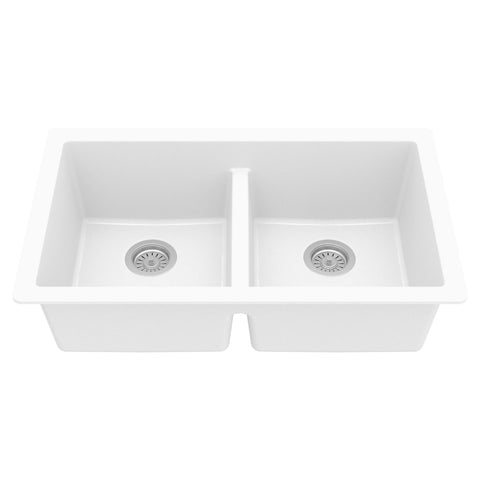 Karran 32" Undermount Quartz Composite Kitchen Sink, 50/50 Double Bowl, White, QU-810-WH