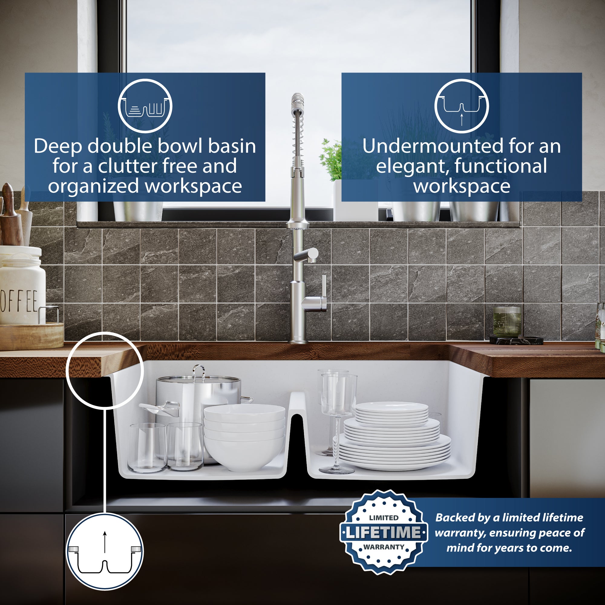 Karran 32" Undermount Quartz Composite Kitchen Sink, 50/50 Double Bowl, White, QU-810-WH
