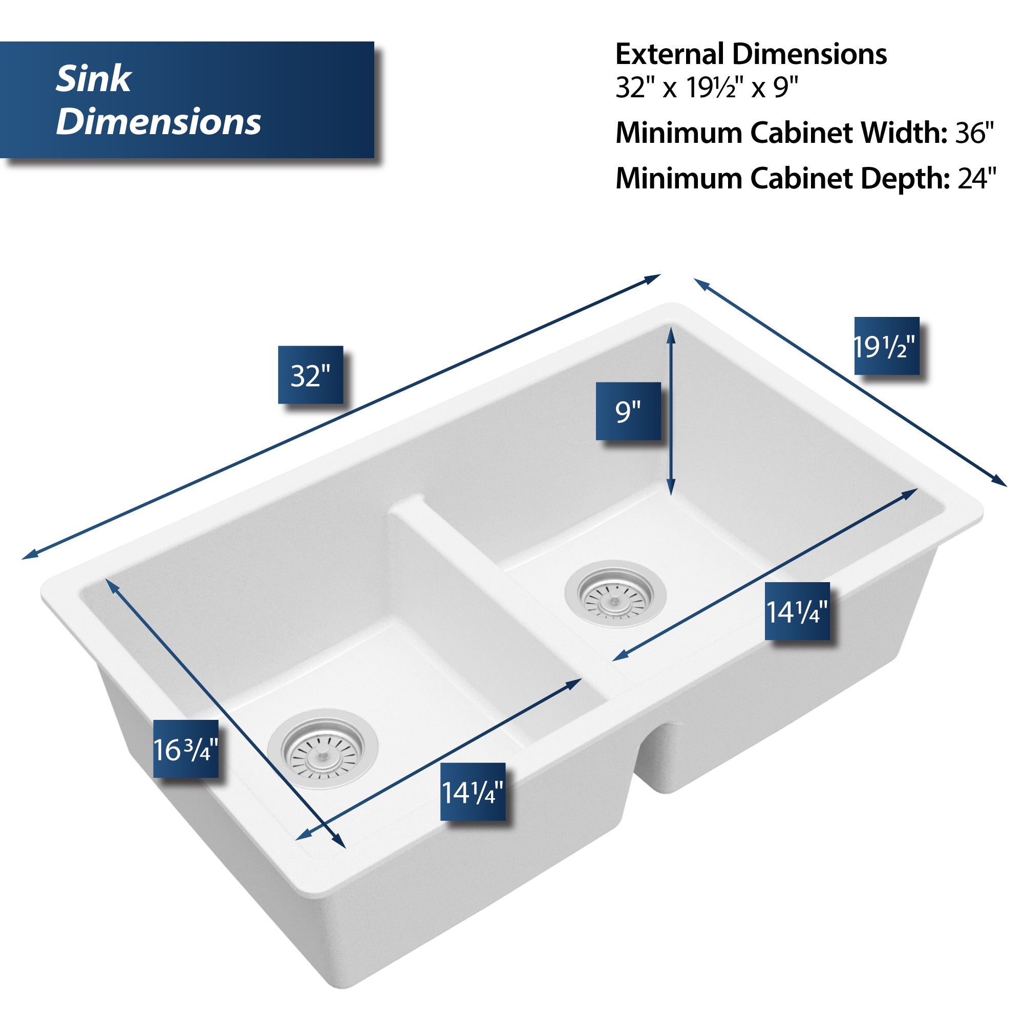Karran 32" Undermount Quartz Composite Kitchen Sink, 50/50 Double Bowl, White, QU-810-WH