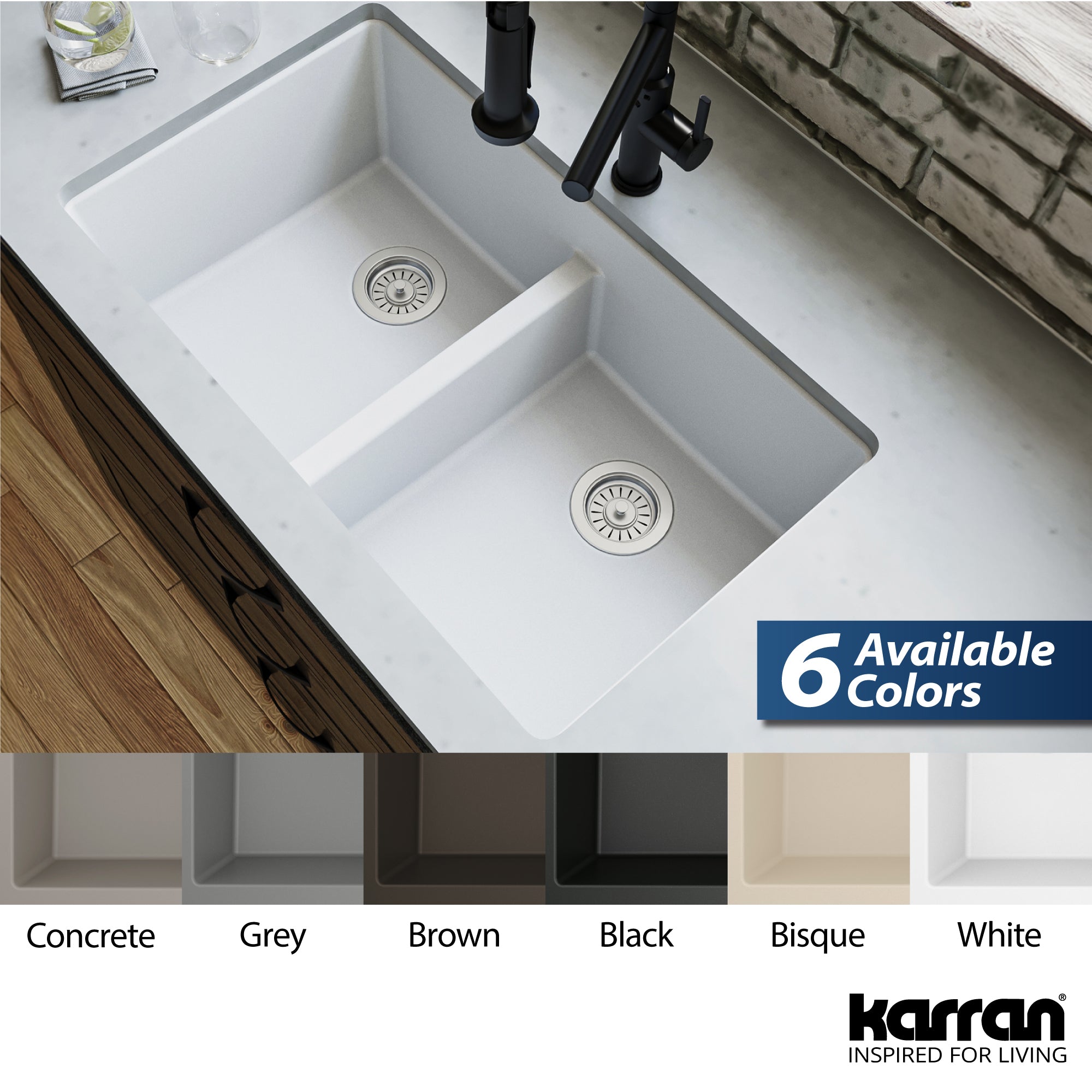Karran 32" Undermount Quartz Composite Kitchen Sink, 50/50 Double Bowl, White, QU-810-WH