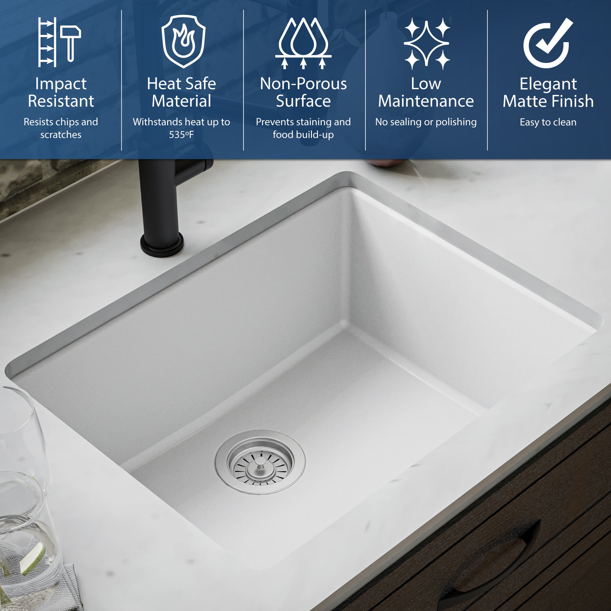 Karran 24" Undermount Quartz Composite Kitchen Sink, White, QU-820-WH