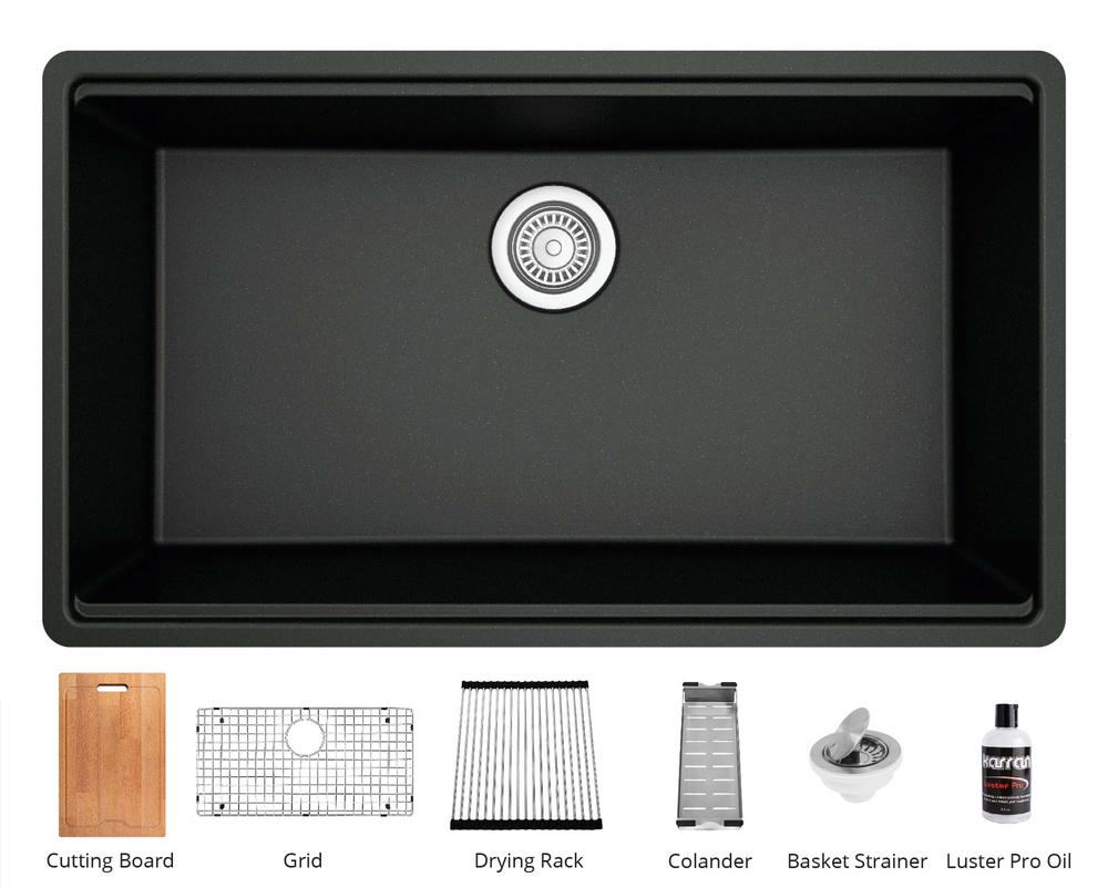Karran 33" Undermount Quartz Composite Workstation Kitchen Sink with Accessories, Black, QUWS-875-BL