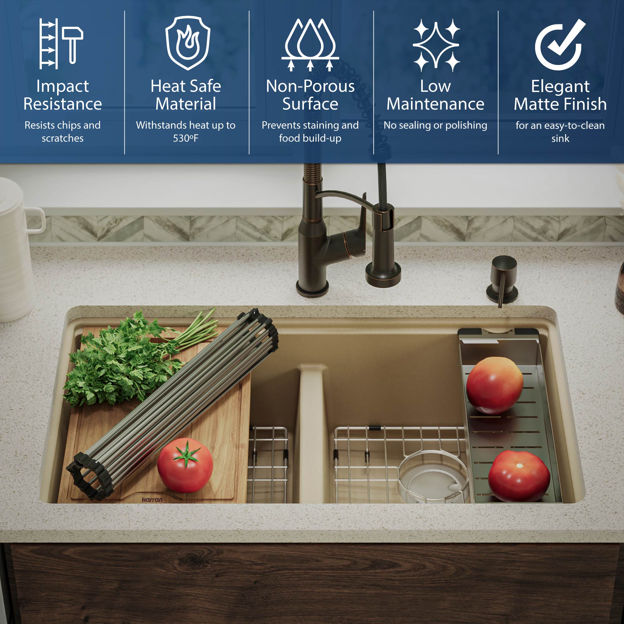 Karran 33" Undermount Quartz Composite Kitchen Sink, 50/50 Double Bowl, Bisque, QUWS-880-BI