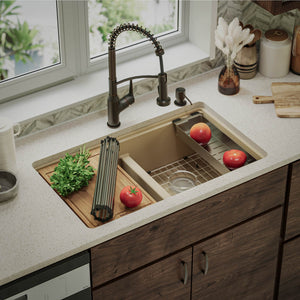 Alternate Image for Karran 33" Undermount Quartz Composite Kitchen Sink, 50/50 Double Bowl, Bisque, QUWS-880-BI