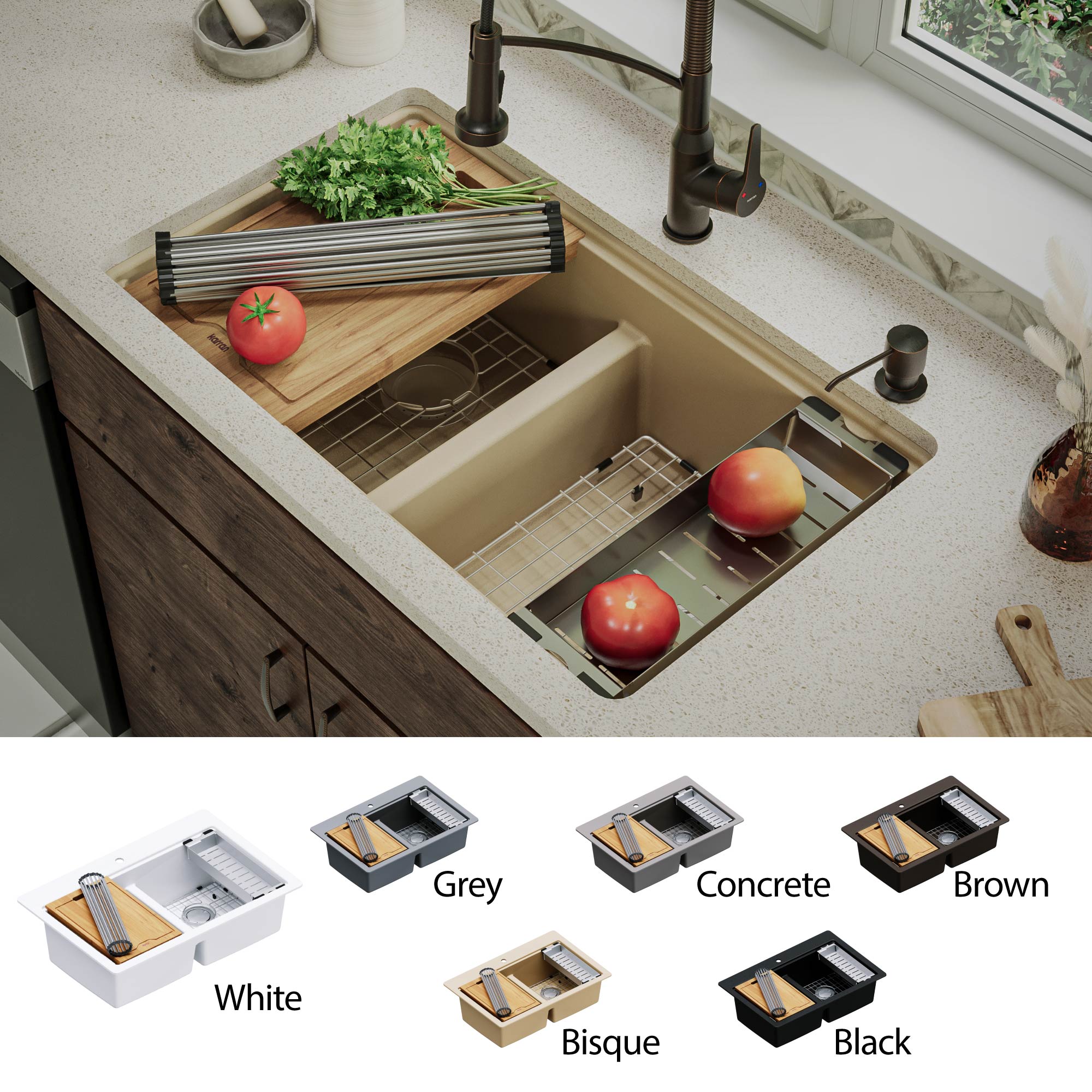 Karran 33" Undermount Quartz Composite Kitchen Sink, 50/50 Double Bowl, Bisque, QUWS-880-BI