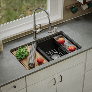 Alternate Image for Karran 33" Undermount Quartz Composite Kitchen Sink, 50/50 Double Bowl, Black, QUWS-880-BL