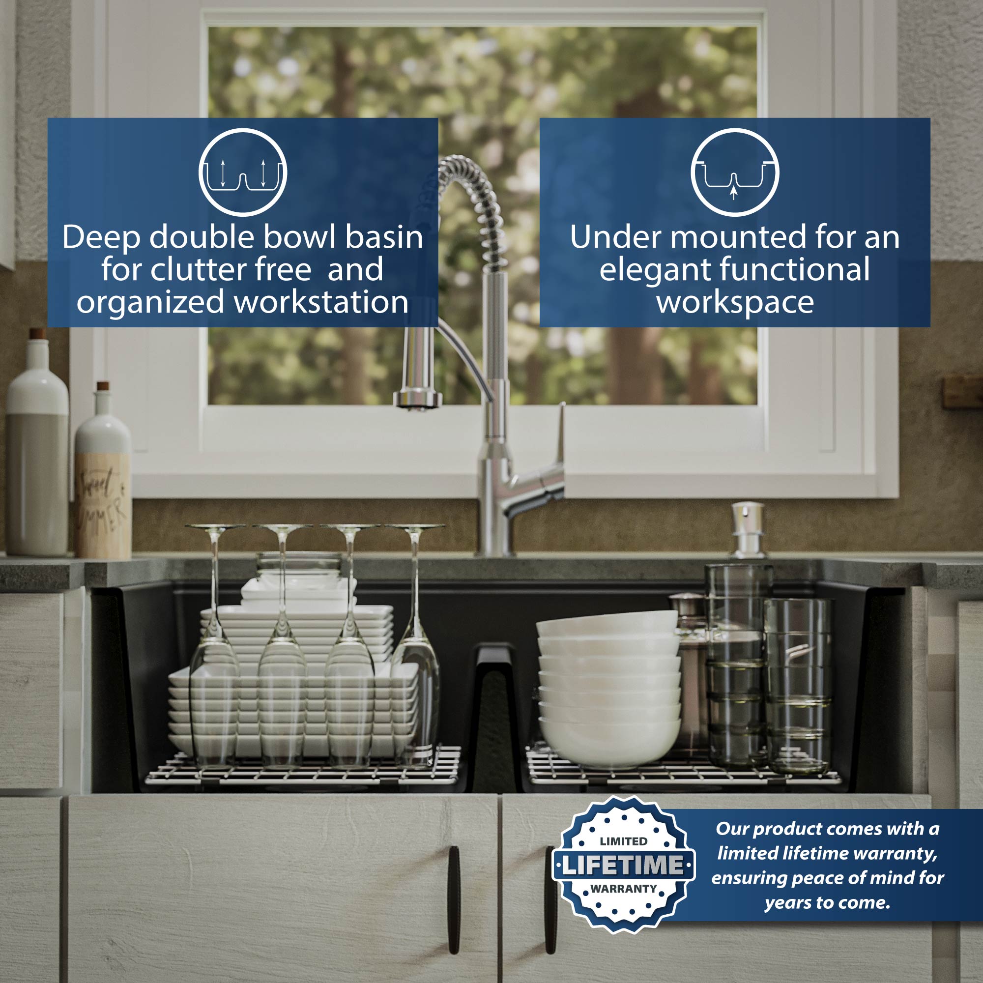 Karran 33" Undermount Quartz Composite Kitchen Sink, 50/50 Double Bowl, Black, QUWS-880-BL