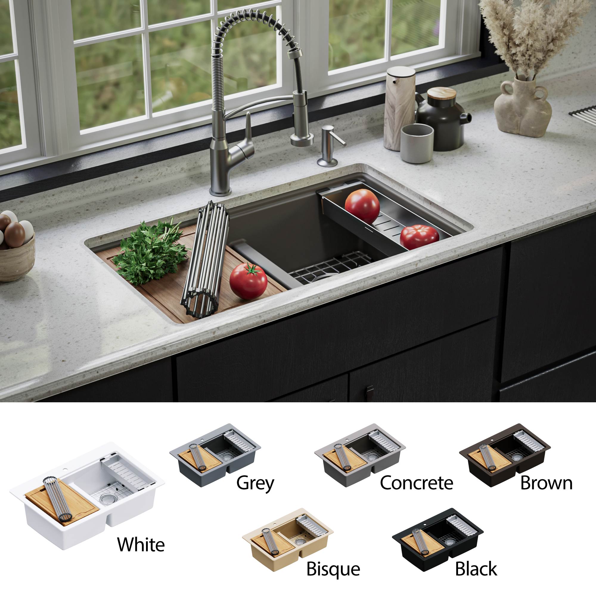 Karran 33" Undermount Quartz Composite Kitchen Sink, 50/50 Double Bowl, Concrete, QUWS-880-CN