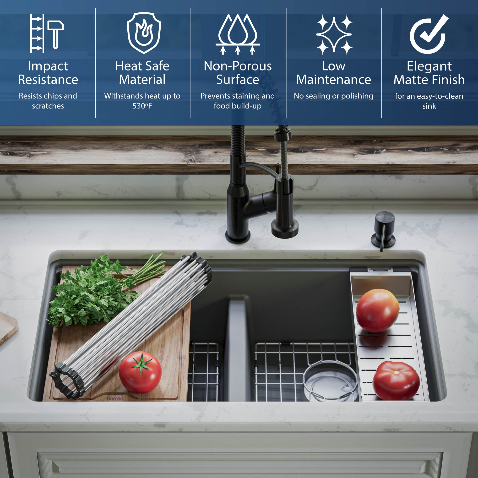 Karran 33" Undermount Quartz Composite Kitchen Sink, 50/50 Double Bowl, Grey, QUWS-880-GR