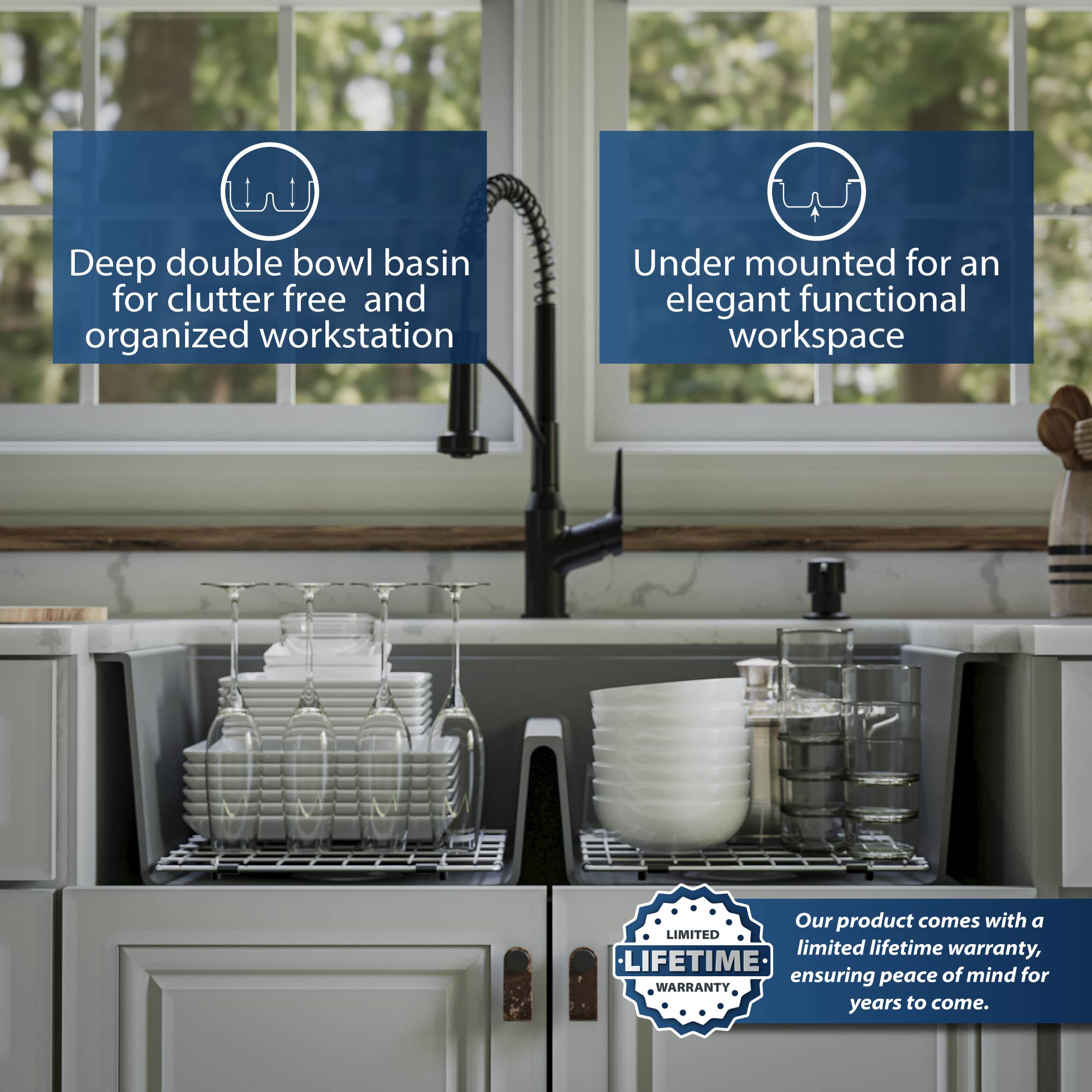 Karran 33" Undermount Quartz Composite Kitchen Sink, 50/50 Double Bowl, Grey, QUWS-880-GR