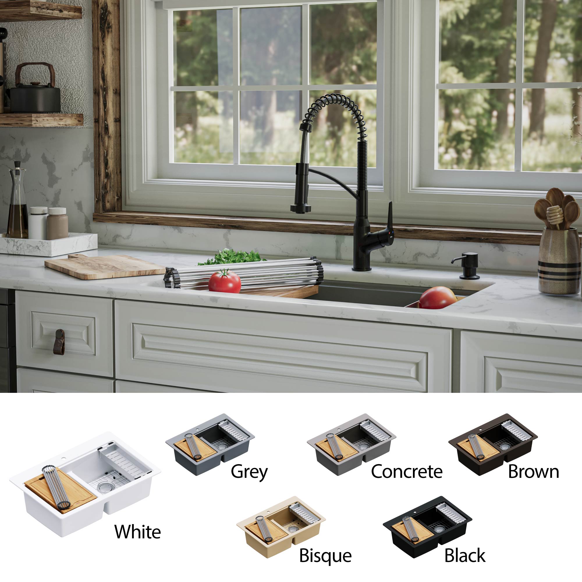 Karran 33" Undermount Quartz Composite Kitchen Sink, 50/50 Double Bowl, Grey, QUWS-880-GR