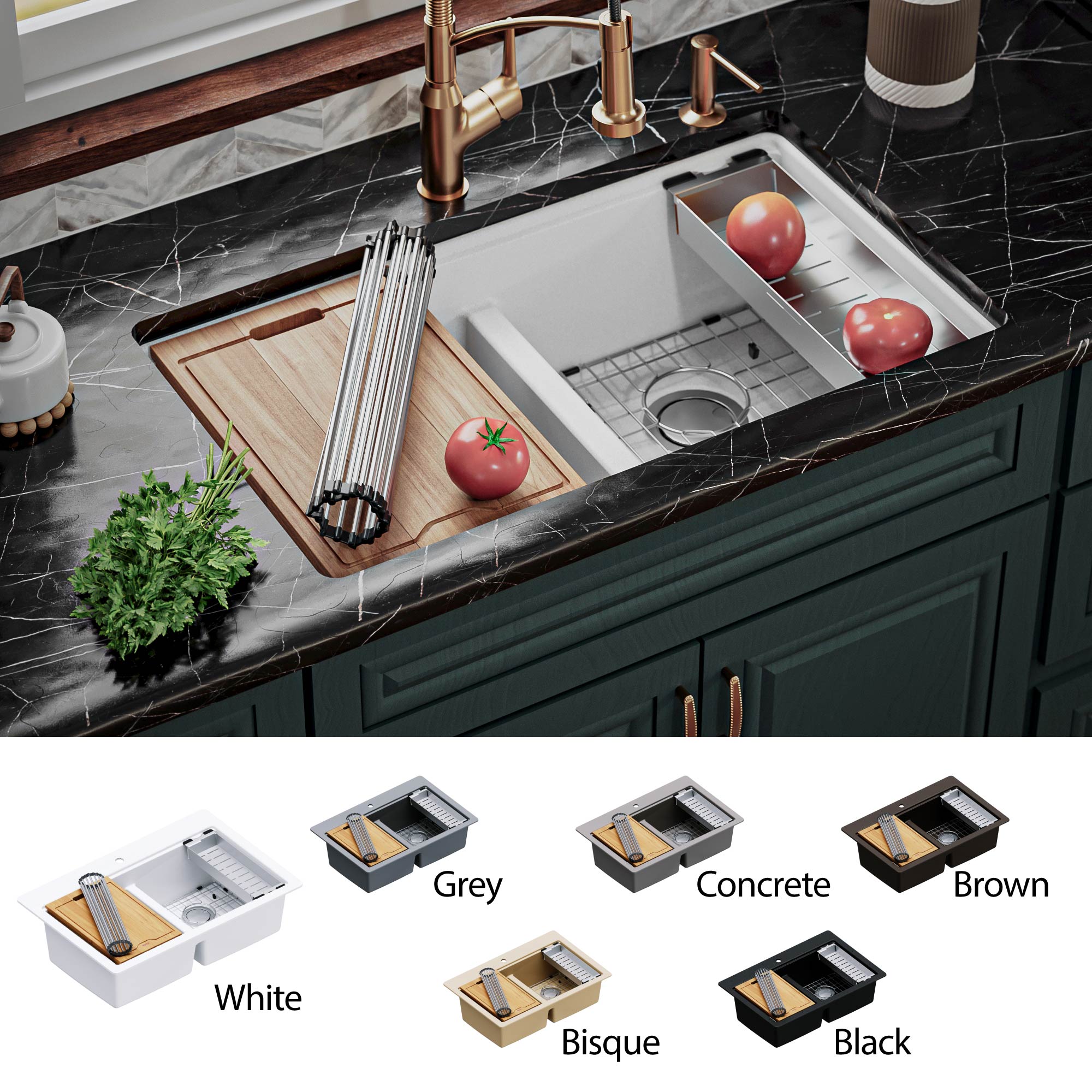 Karran 33" Undermount Quartz Composite Kitchen Sink, 50/50 Double Bowl, White, QUWS-880-WH