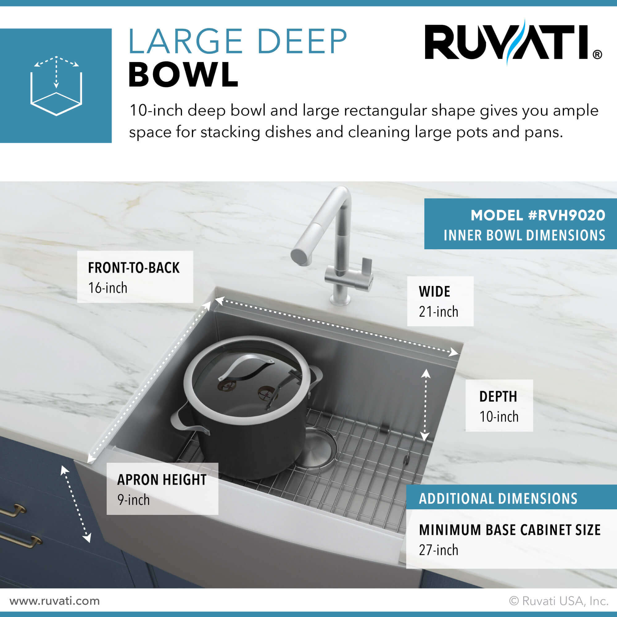 Dimensions Image for Ruvati Verona 24" Stainless Steel Workstation Apron-front Farmhouse Sink, 16 Gauge, RVH9020