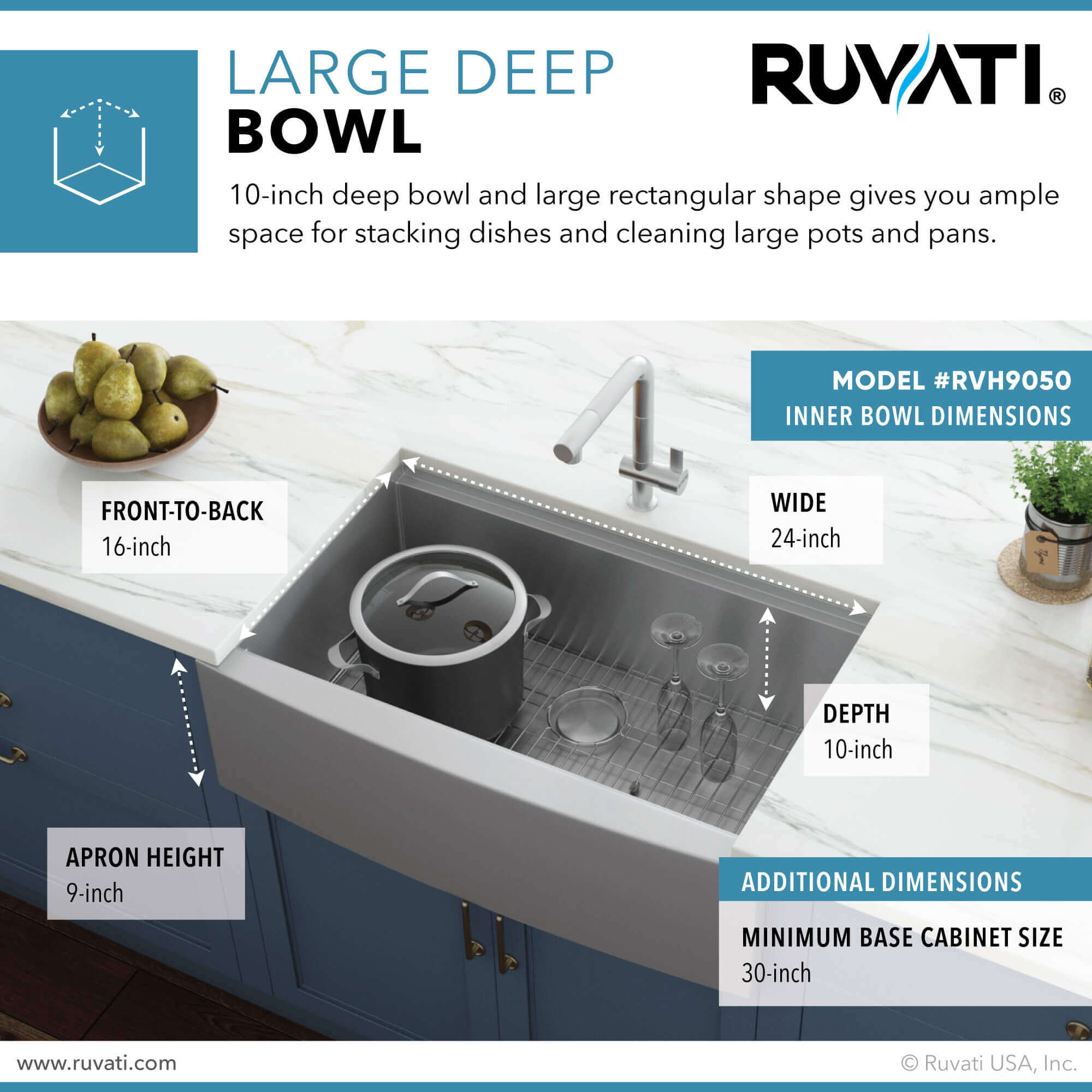 Dimensions Image for Ruvati Verona 27" Stainless Steel Workstation Apron-front Farmhouse Sink, 16 Gauge, RVH9050