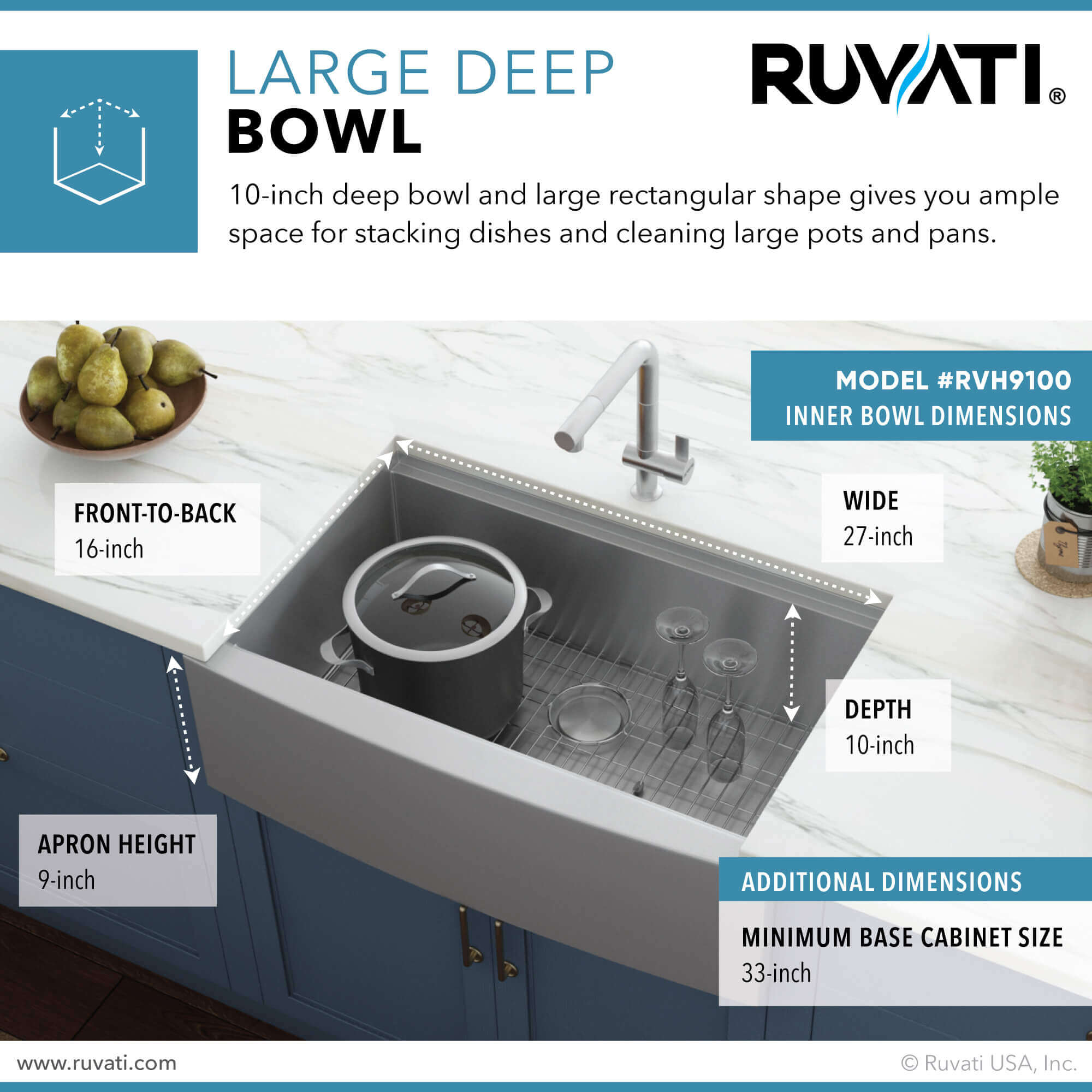 Dimensions Image for Ruvati Verona 30" Stainless Steel Workstation Apron-front Farmhouse Sink, 16 Gauge, RVH9100
