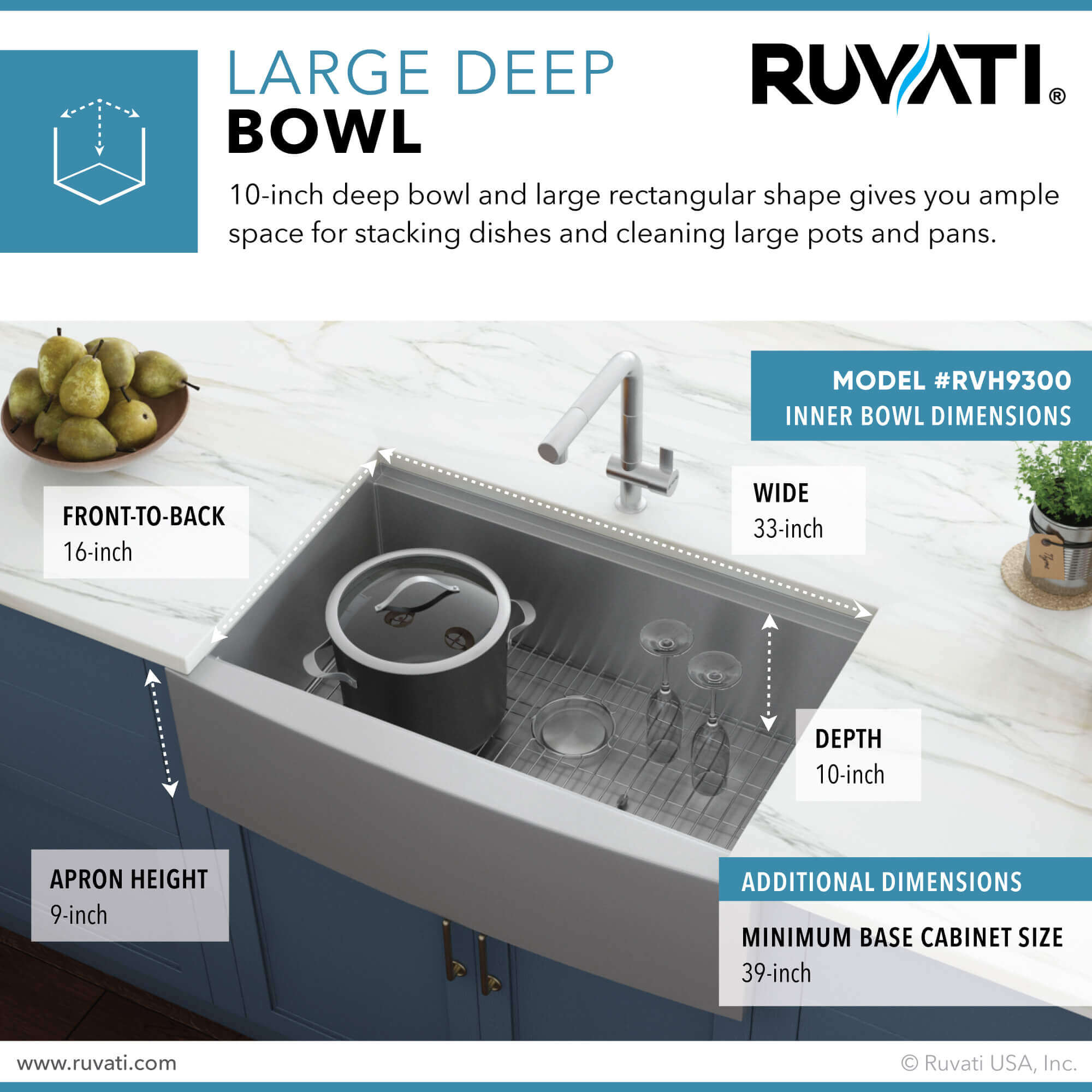 Dimensions Image for Ruvati Verona 36" Stainless Steel Workstation Apron-front Farmhouse Sink, 16 Gauge, RVH9300