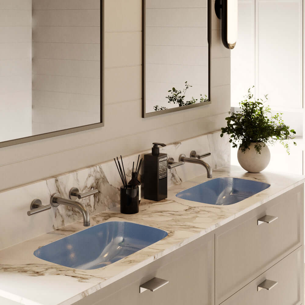 Nantucket sinks regatta rectangle fireclay bathroom sink with accessories light blue/grey distress lifestyle image