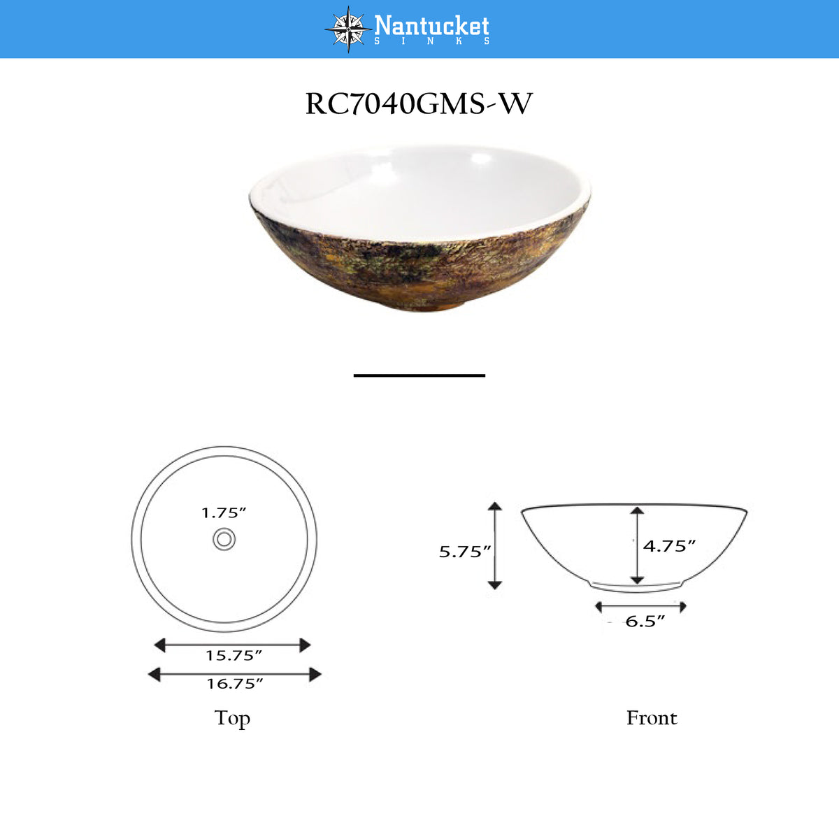 Nantucket Sinks Regatta 17" Fireclay Bathroom Vessel Sink, White/Gold, RC7040GMS-W