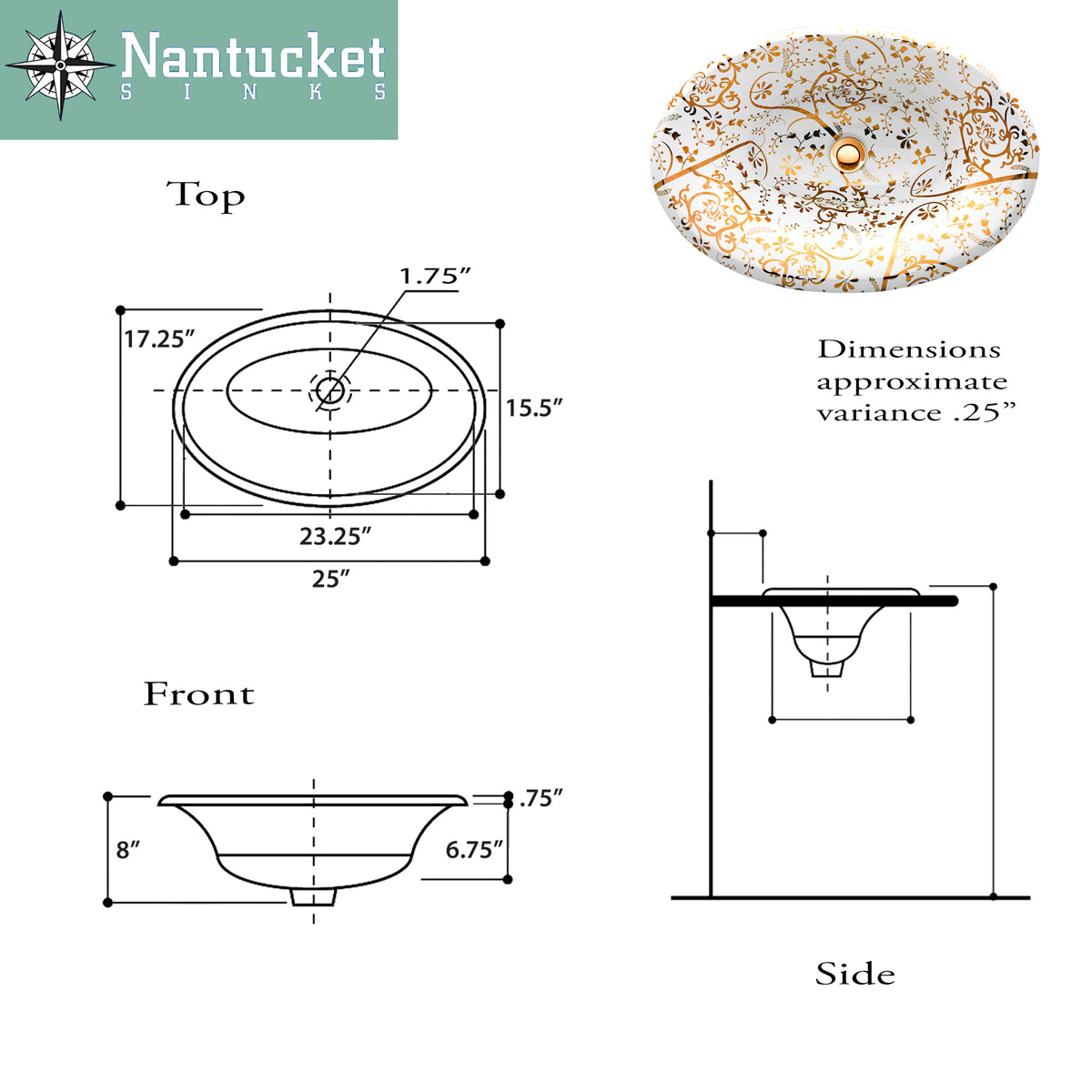 Nantucket Sinks Regatta 25" Fireclay Bathroom Sink, White/Gold, RC70640GS