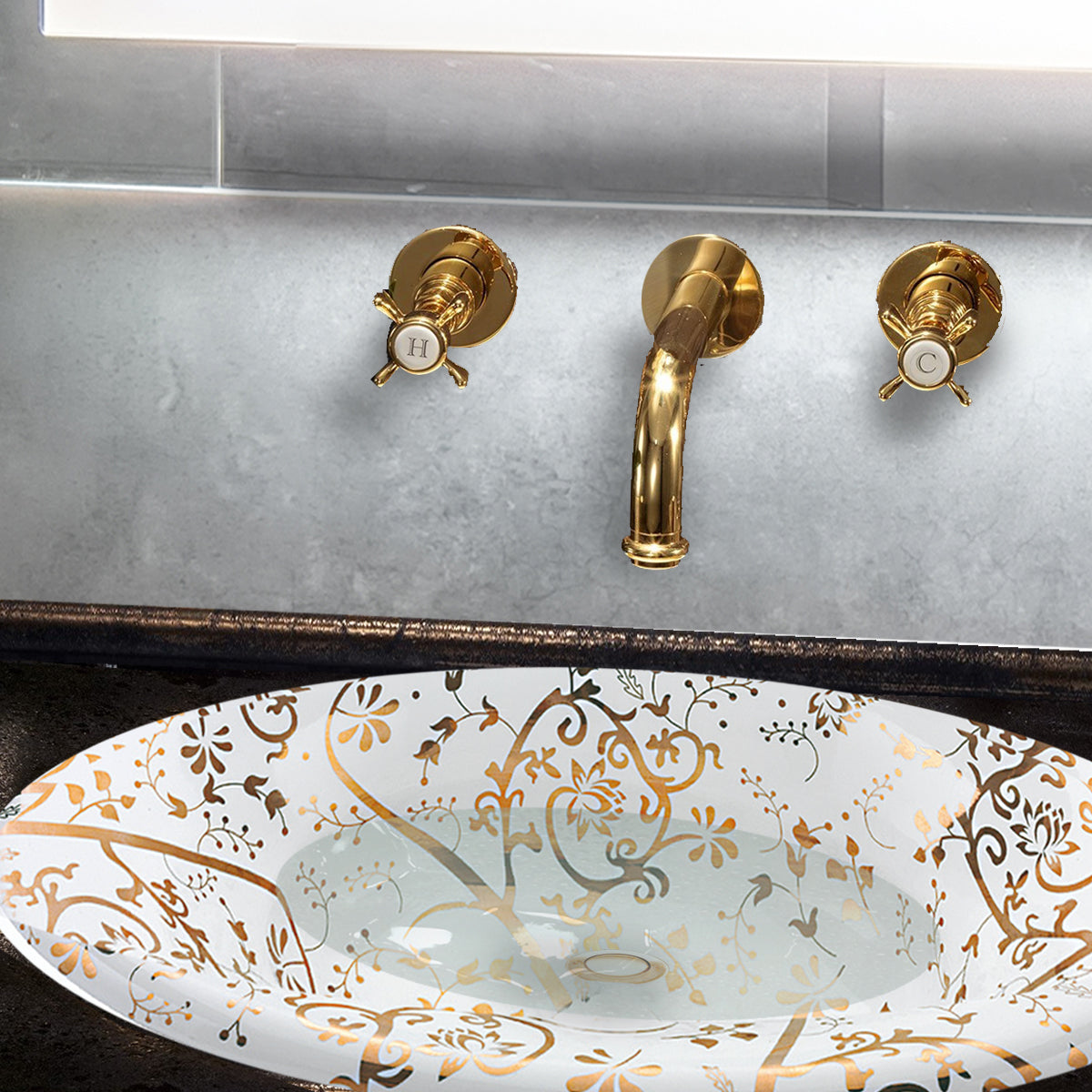 Nantucket Sinks Regatta 25" Fireclay Bathroom Sink, White/Gold, RC70640GS