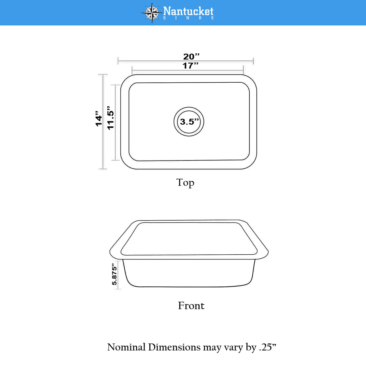 Nantucket Sinks Brightwork 20" Rectangular Stainless Steel Bar/Kitchen Sink with Accessories, 18 Gauge, RES2014