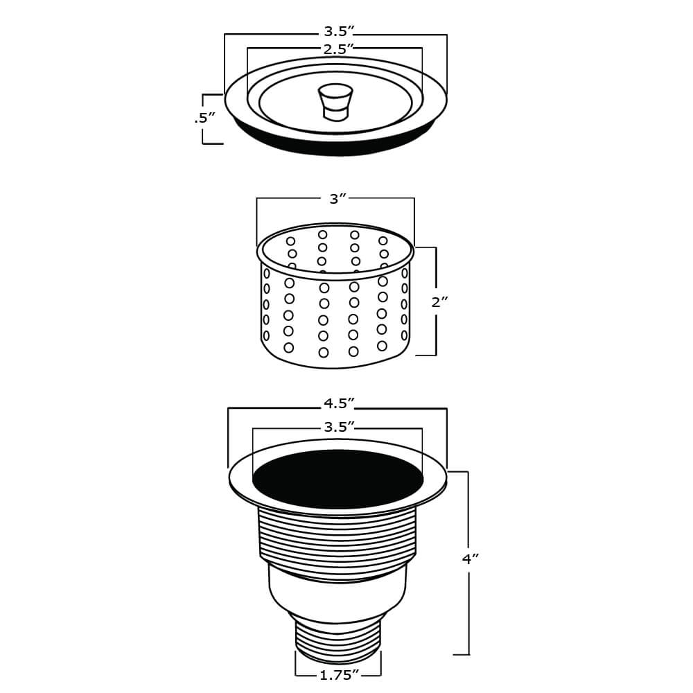 Dimensions Image for Ruvati RVA1025 Kitchen Sink Basket Strainer Drain - Stainless Steel