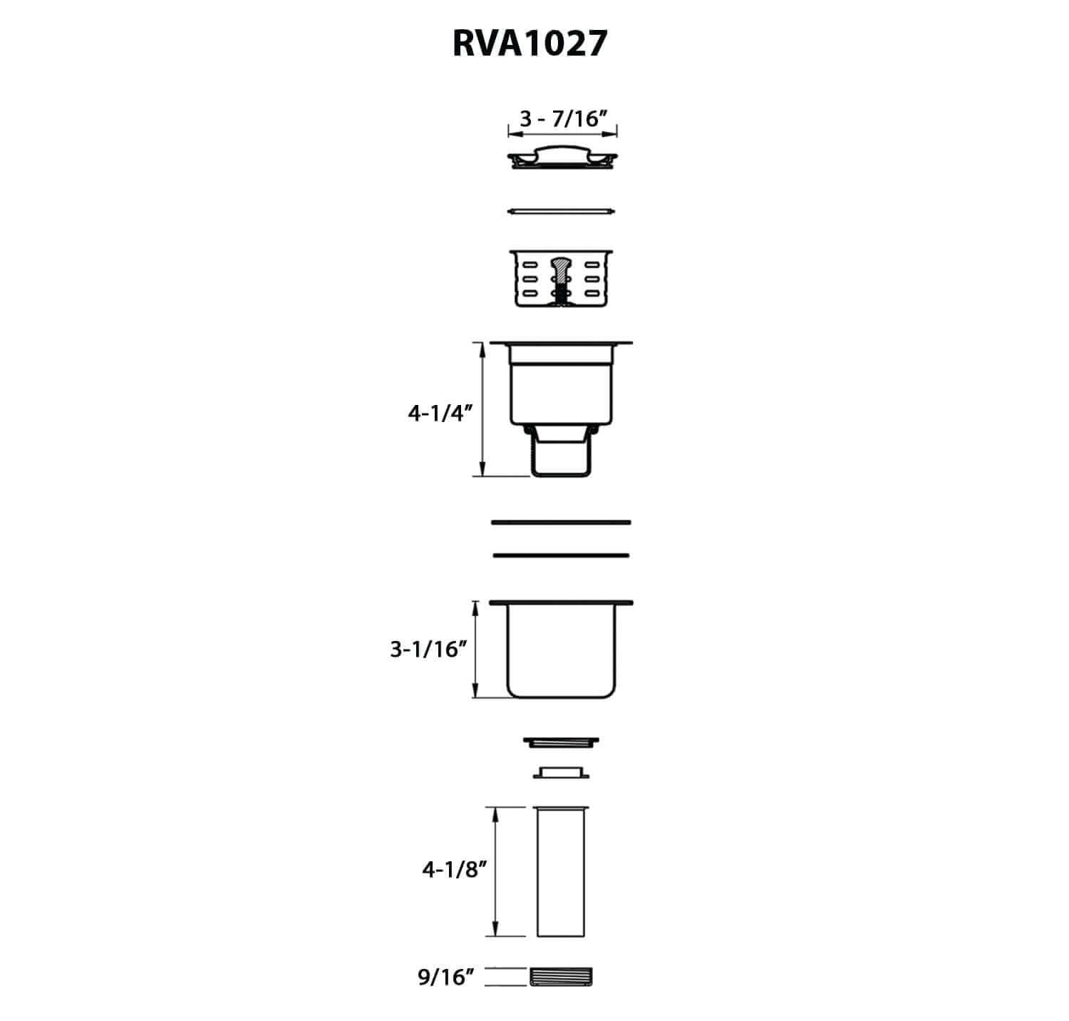 Dimensions Image for Ruvati Deep Basket Strainer Drain for Kitchen Sinks all Metal with Stopper 3-1/2 inch, Stainless Steel, RVA1027ST