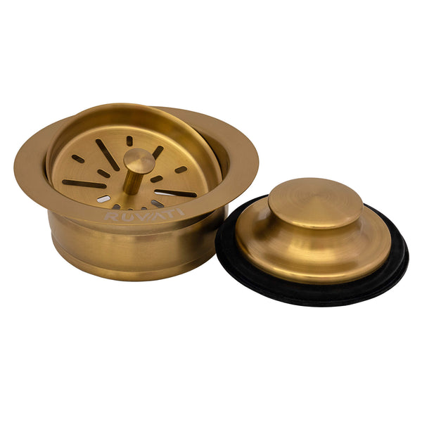 Ruvati Garbage Disposal Flange Drain with Basket Strainer Drain and Stopper, Brushed Gold Satin Brass, Stainless Steel, Brass Tone Matte Gold, RVA1042GG