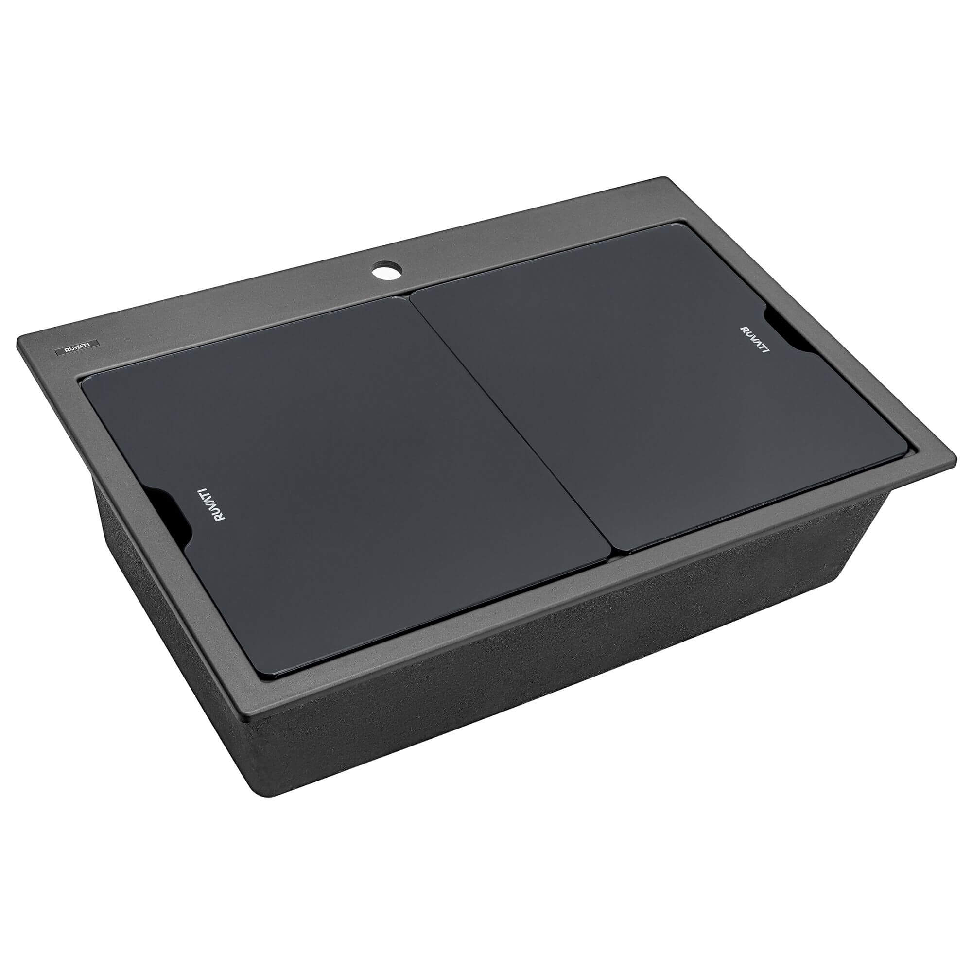 Ruvati LedgeFit 2-Piece Black Glass Cutting Board and Sink Cover Set for Ruvati Workstation Sinks 17 x 15 inch, RVA1206GBB Product Image