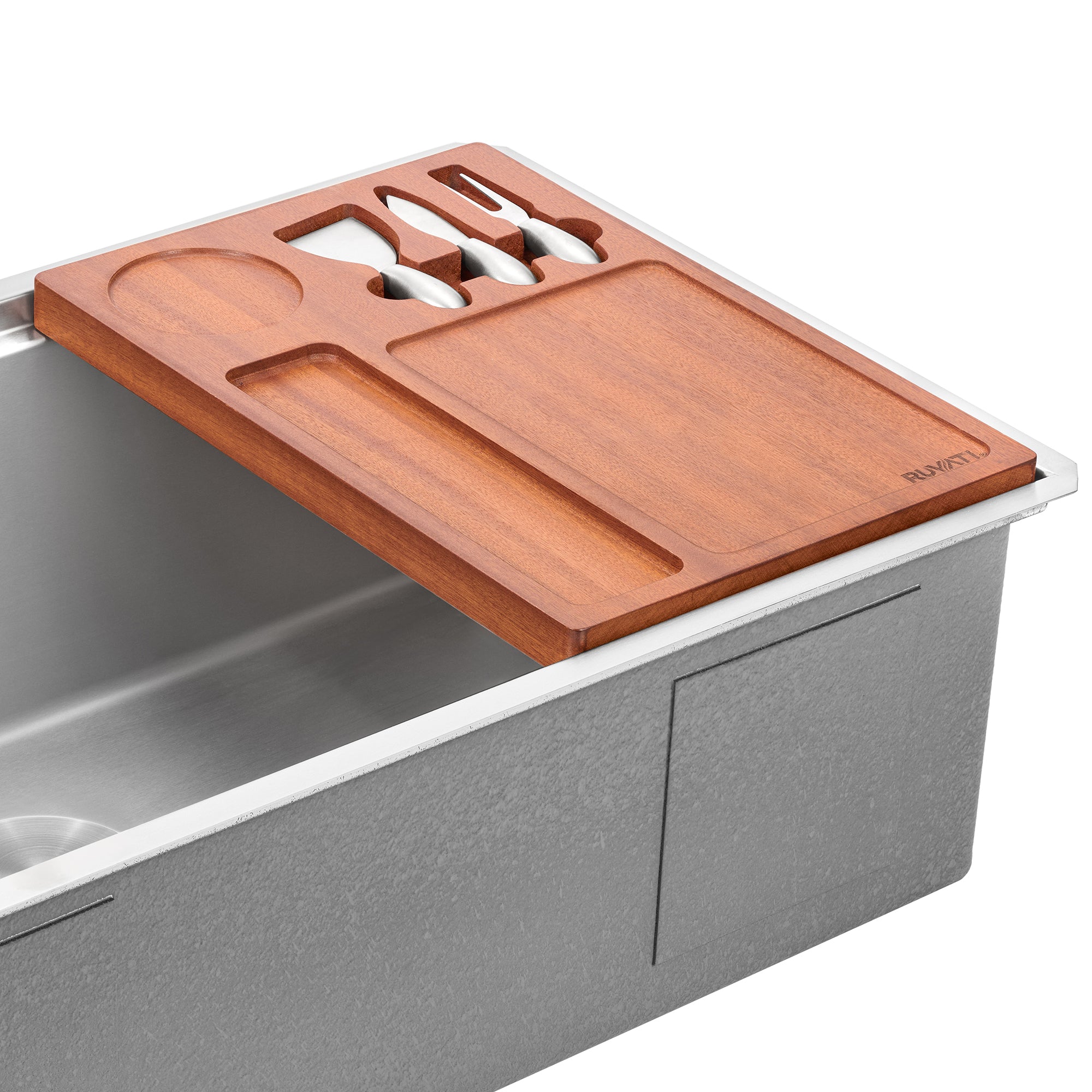 Ruvati LedgeFit Charcuterie Cheese Board Serving Tray Workstation Accessory on Sink Mahogany Wood, Stainless Steel / Wood, RVA1212 Product Image