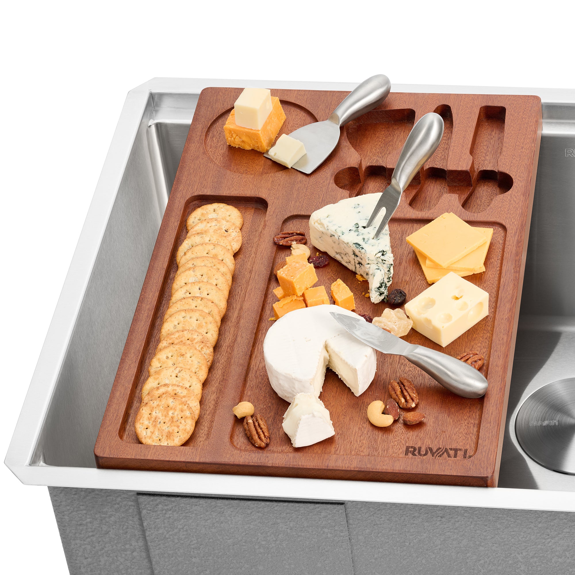 Ruvati LedgeFit Charcuterie Cheese Board Serving Tray Workstation Accessory on Sink Mahogany Wood, Stainless Steel / Wood, RVA1212 Product Image