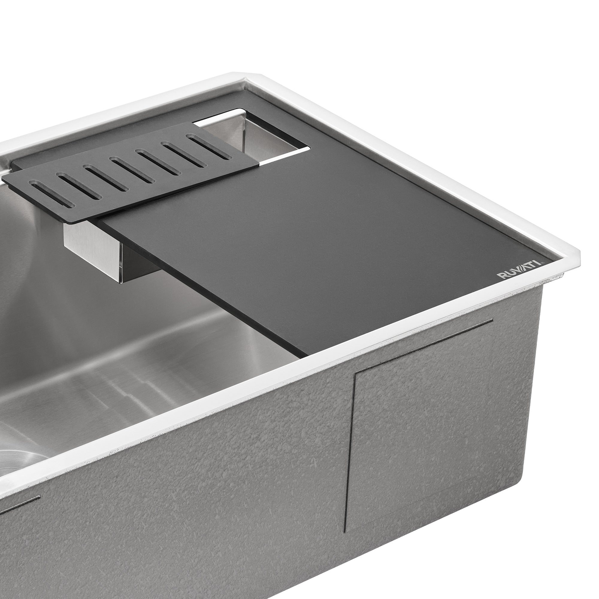 Ruvati LedgeFit Cutting Board with Inserted Colander Workstation Sink Accessory in Black Composite, Stainless Steel / Solid Composite, RVA1220BWC Product Image