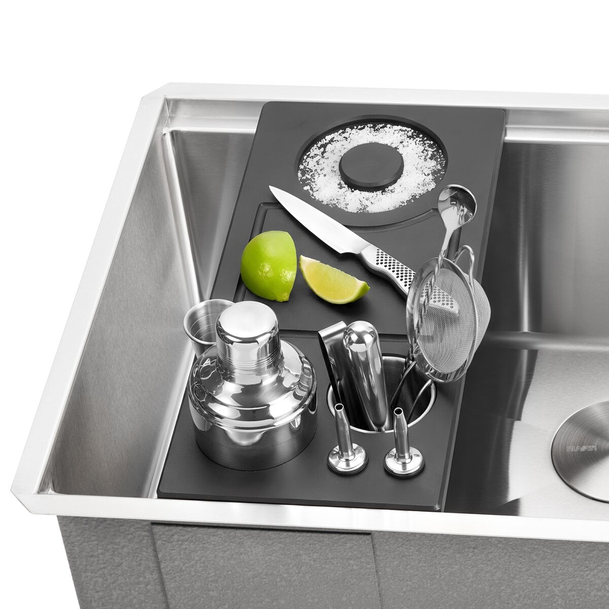 Ruvati LedgeFit Bartender's Board Mixology Drink Cocktail Shaker Workstation Sink Accessory in Black Composite, Stainless Steel / Solid Composite, RVA1236BWC
