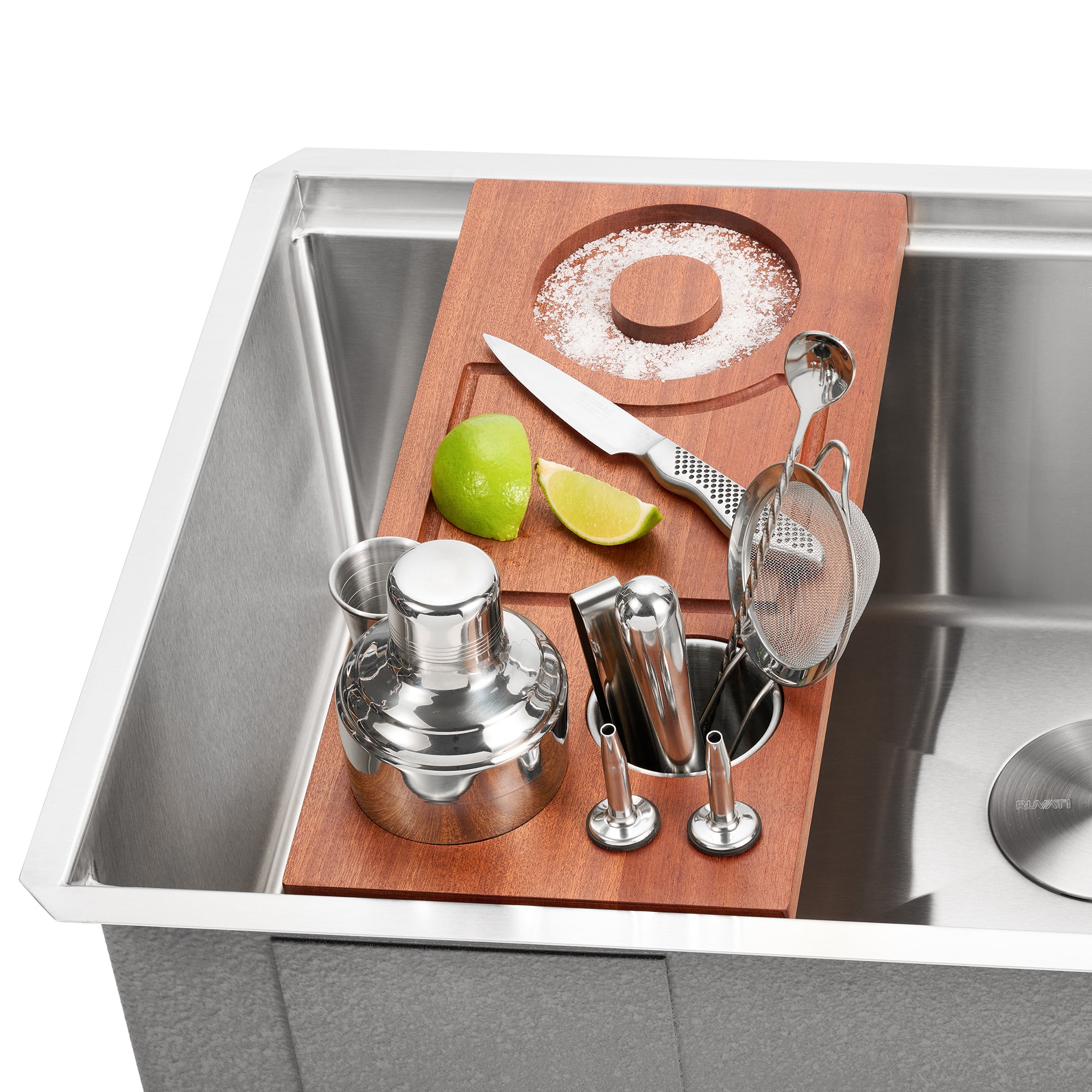 Ruvati LedgeFit Bartender's Board Mixology Drink Cocktail Shaker Workstation Sink Accessory Solid Wood, Stainless Steel / Wood, RVA1236MG Product Image